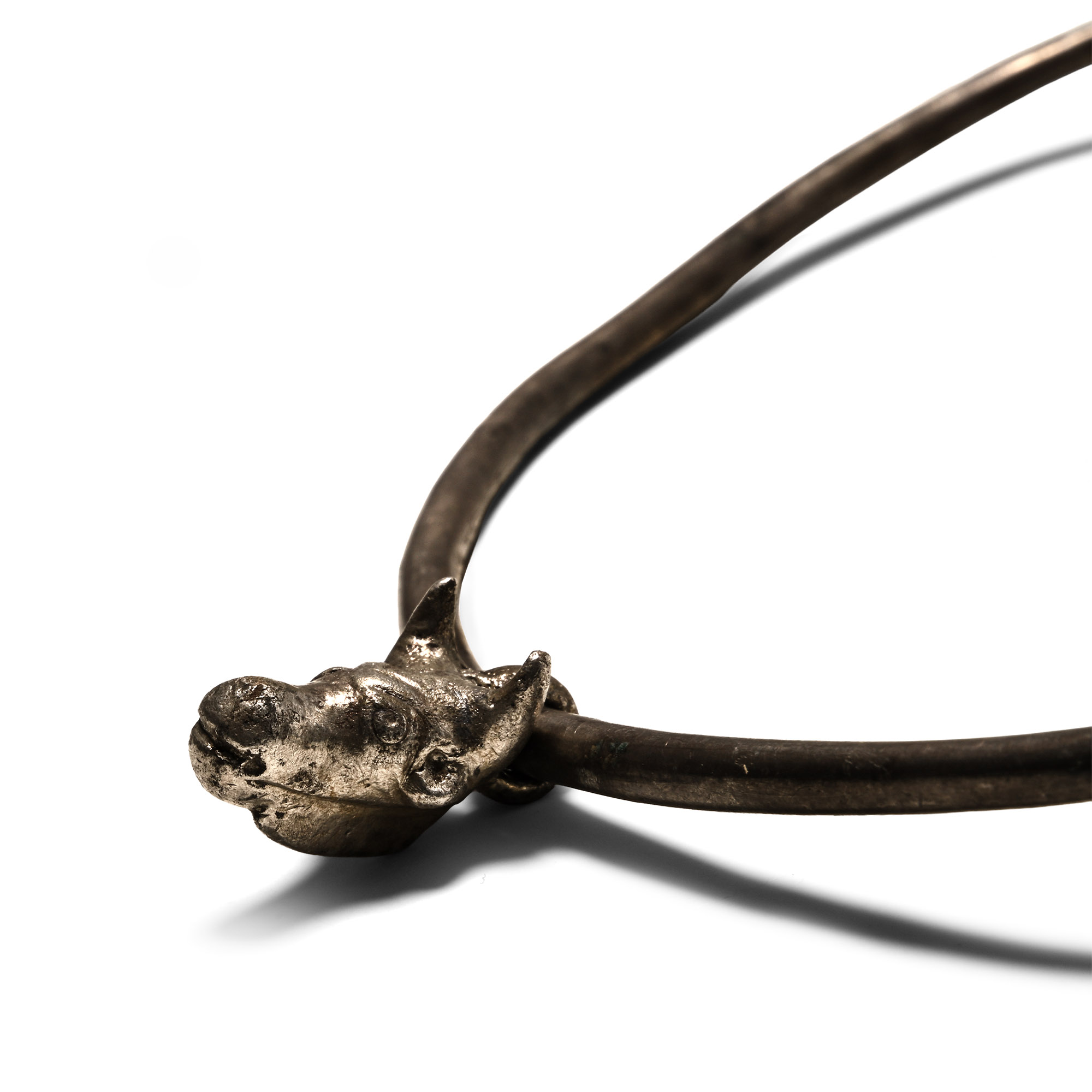 Roman Silver Neck Torc with Bull's Head Pendant