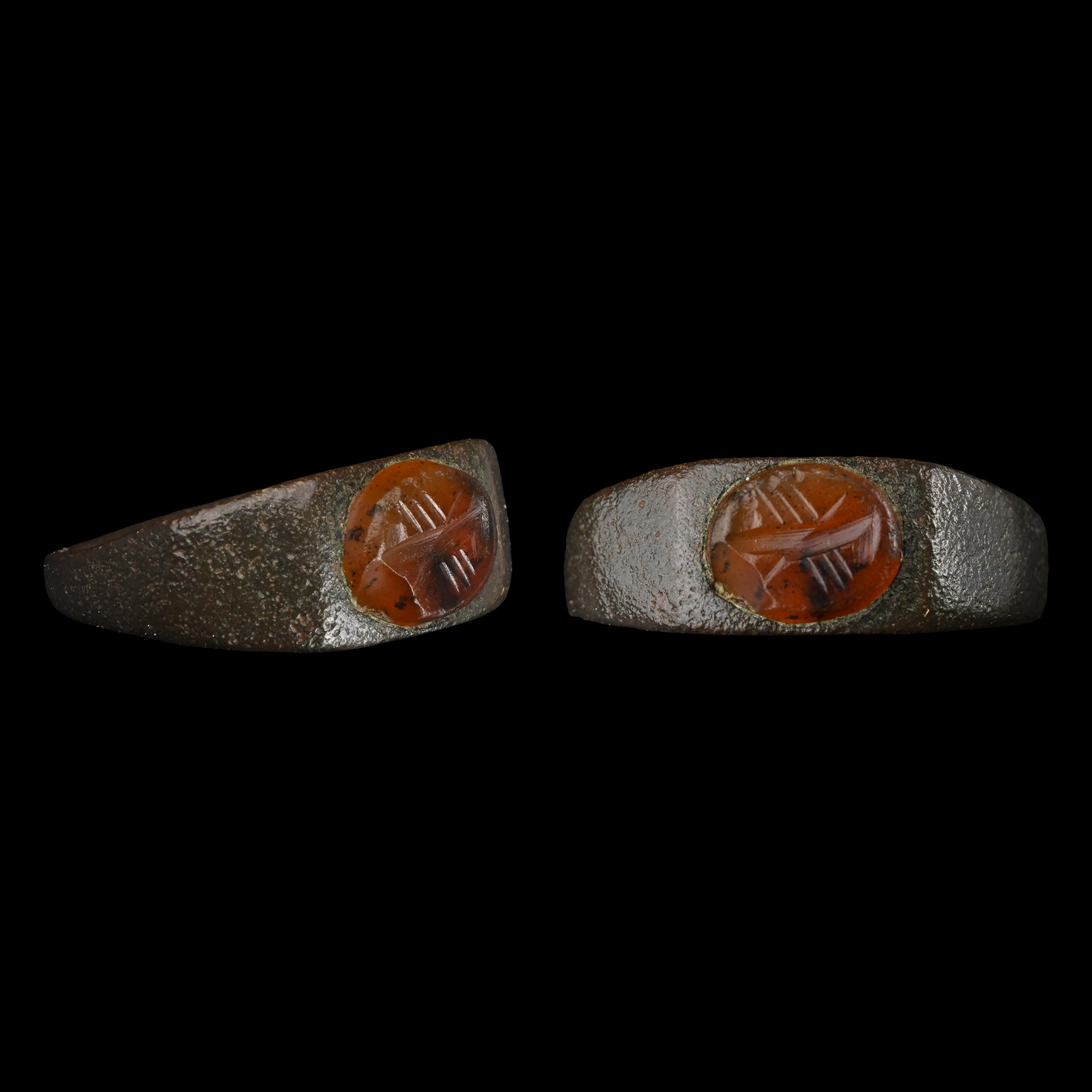 Roman Bronze Ring with Carnelian Gemstone with Clasped Hands