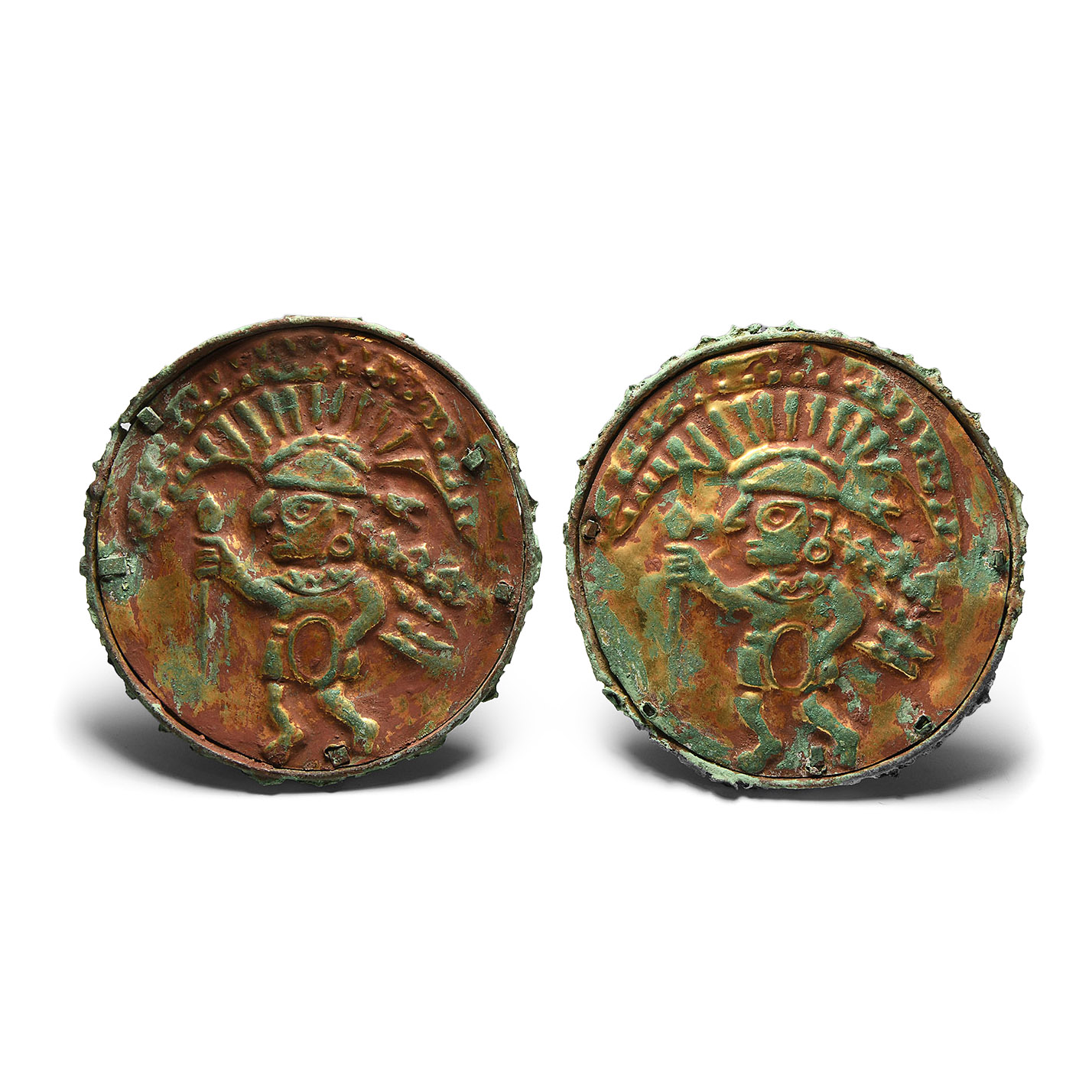 Moche-Sican Style Gilded Ear Spools with Warriors