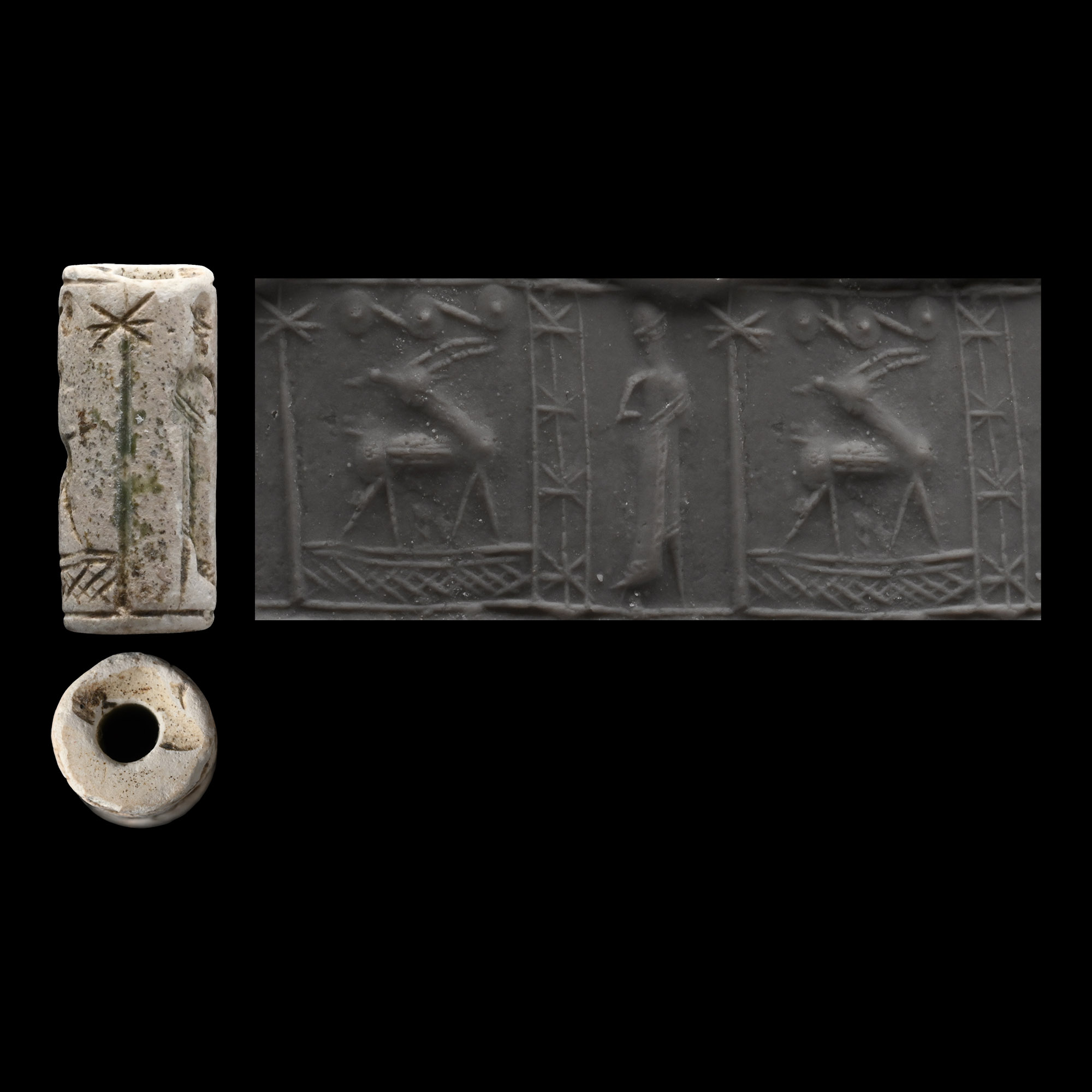 Mitanni Faience Cylinder Seal with Man and Beast