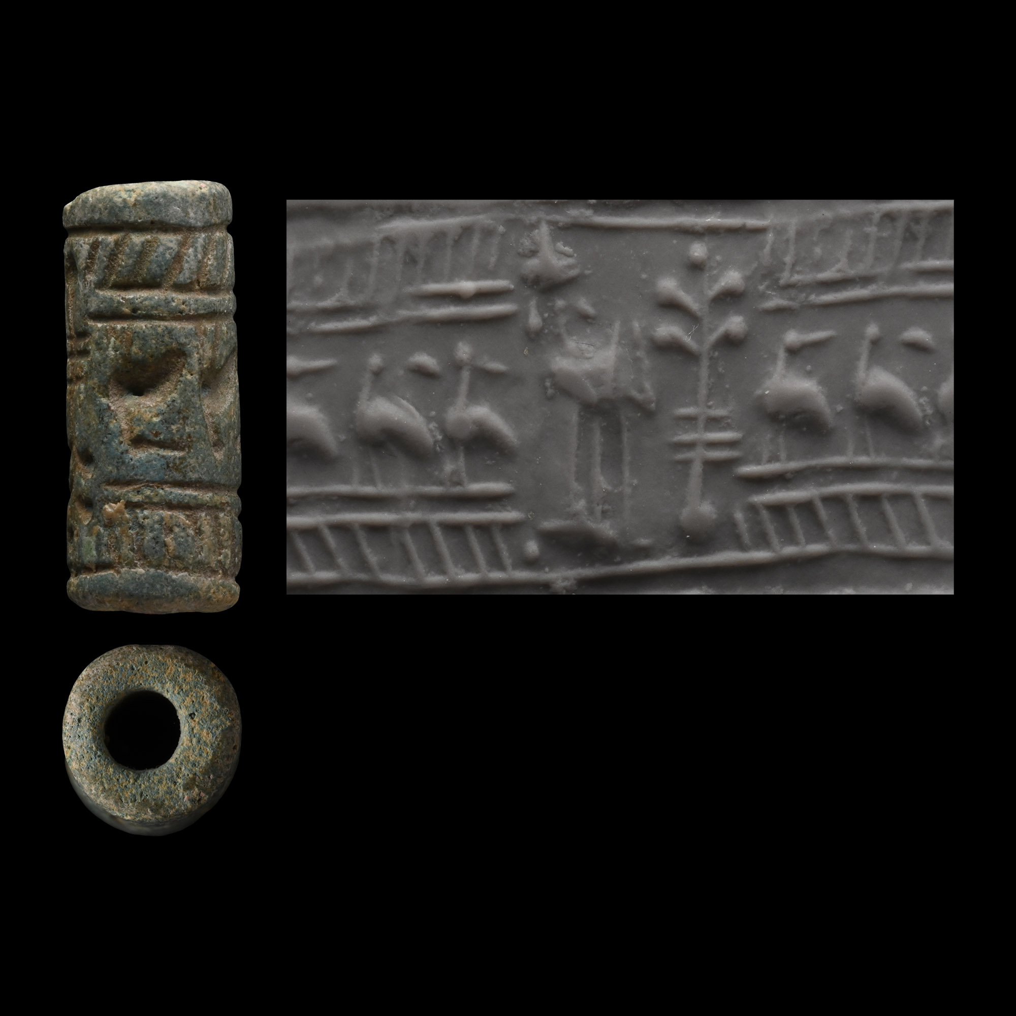 Mitanni Faience Cylinder Seal with Birds and Palm Tree
