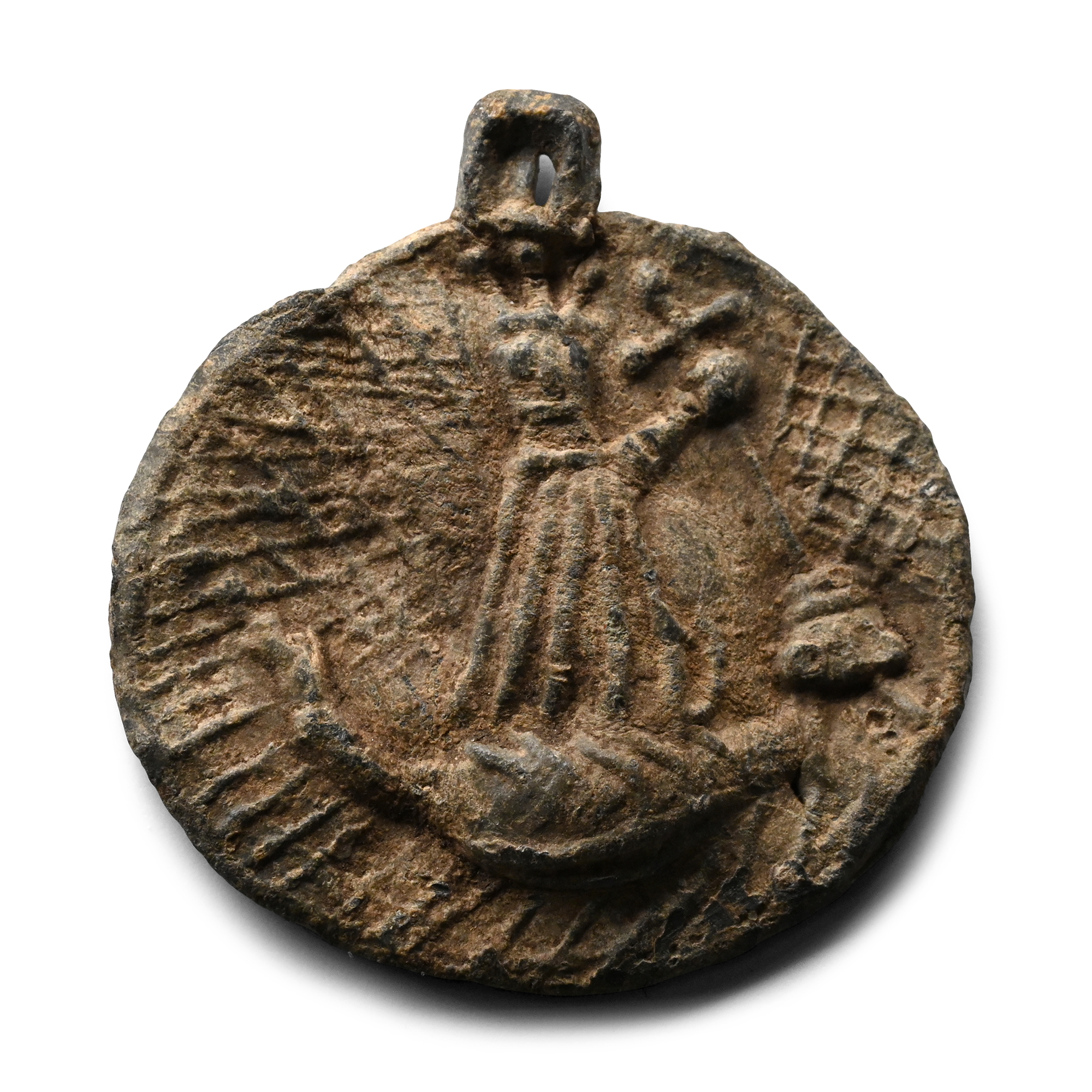 Medieval Lead Pilgrim's Pendant with Calvary and Dragon-Slaying