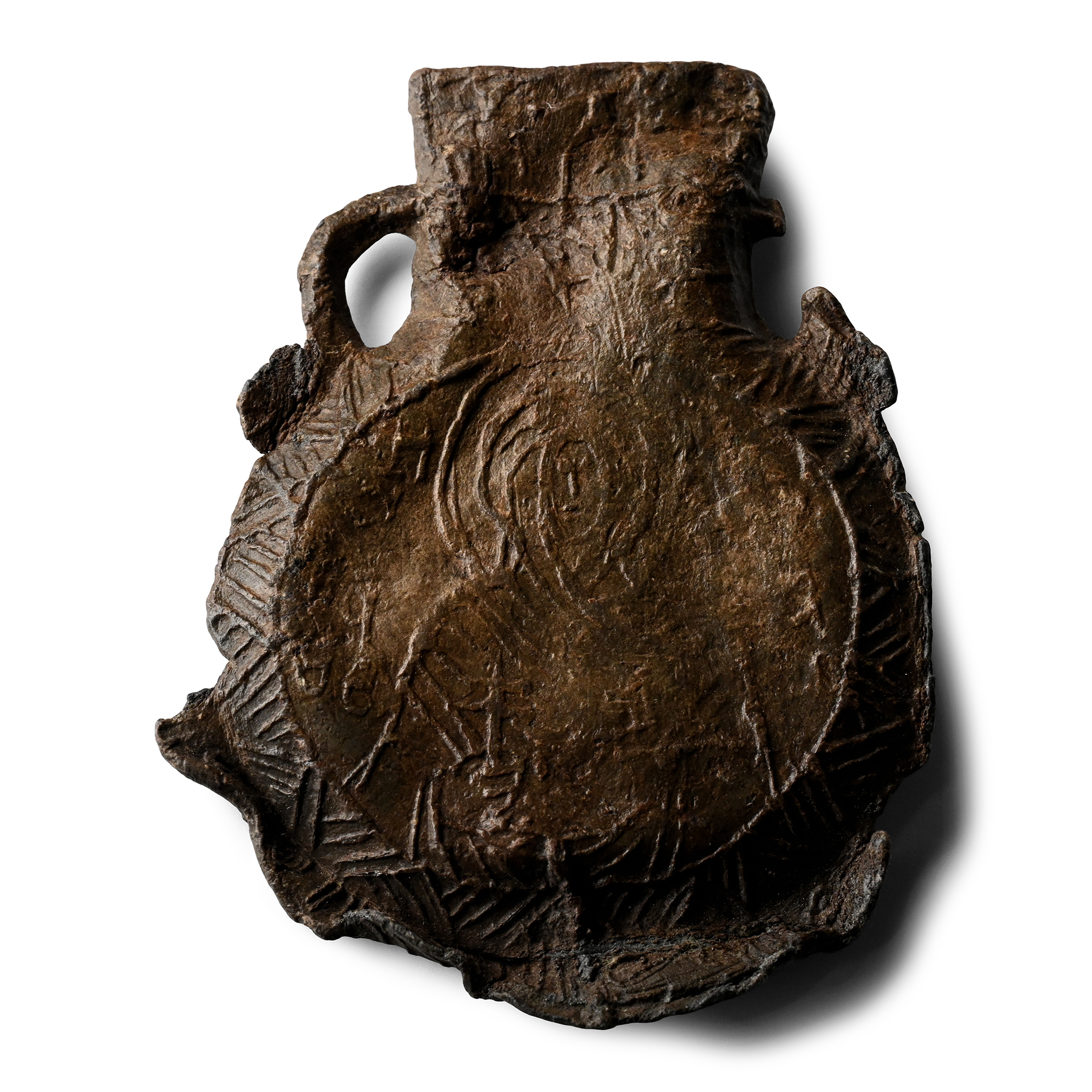 Byzantine Lead Pilgrim's Koutrouvion Holy Water Flask with Saint