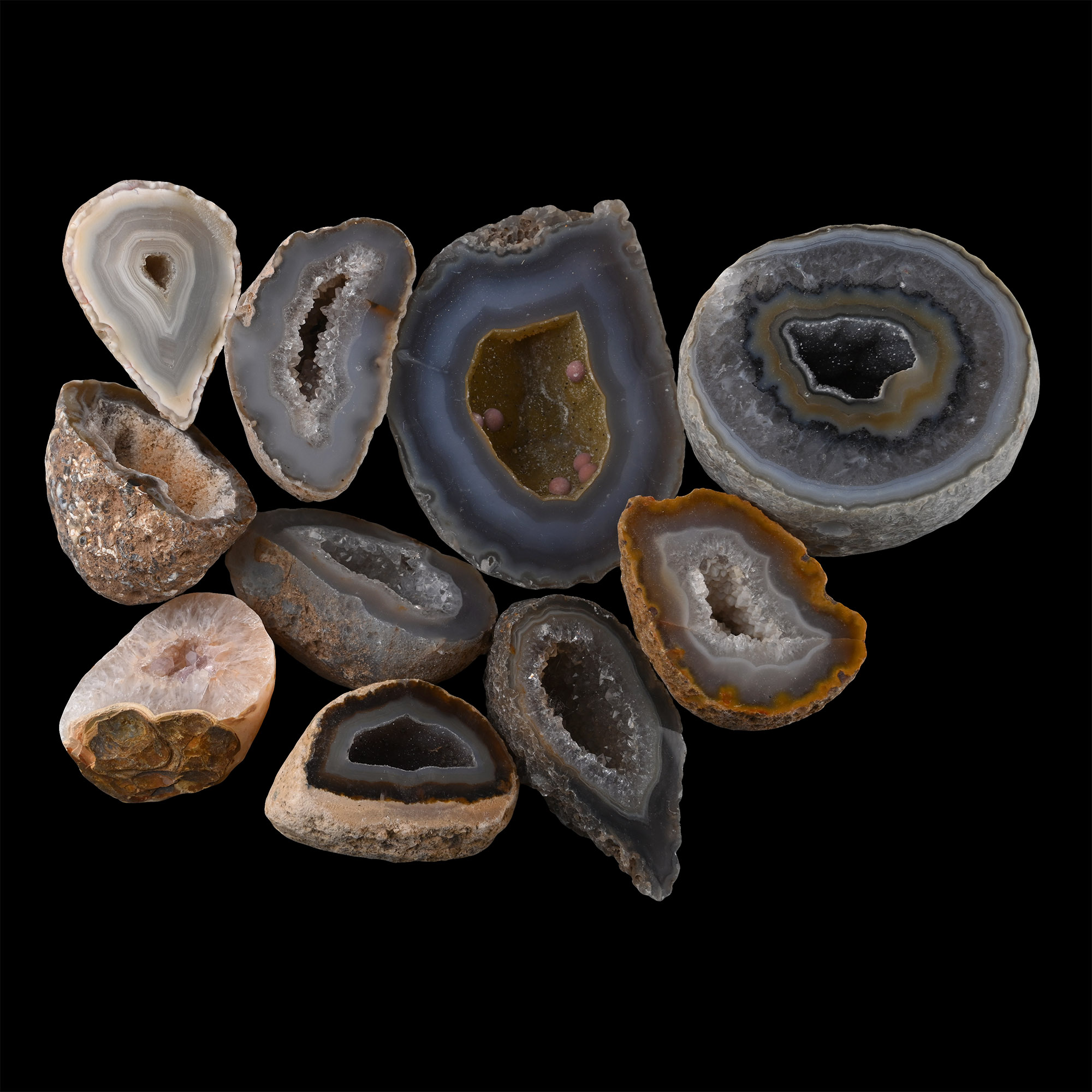 Ten [10] Mixed Cut and Polished Agate Geode Half Group