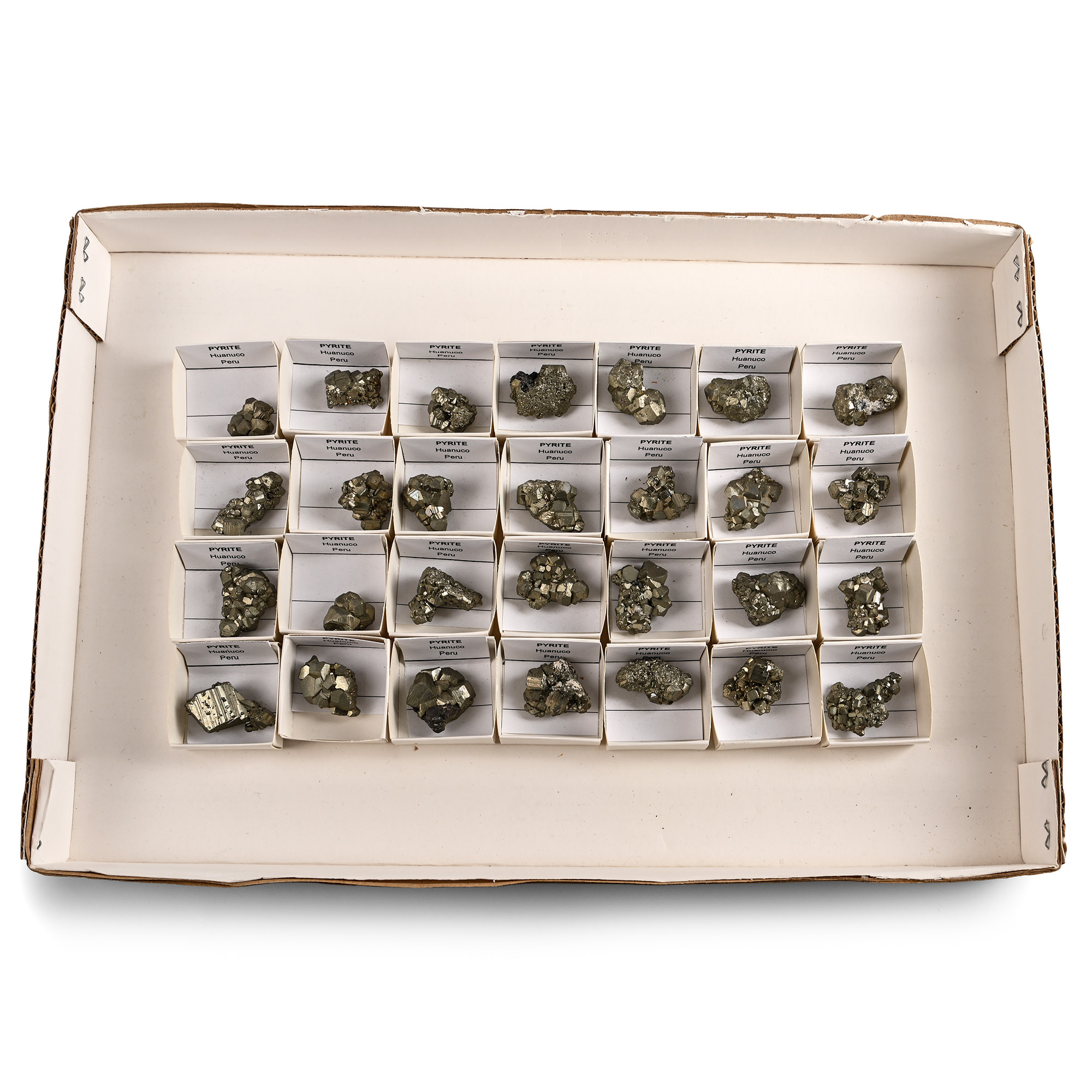 Collection of Twenty-Eight [28] Boxed Peruvian Pyrite Crystal Specimens