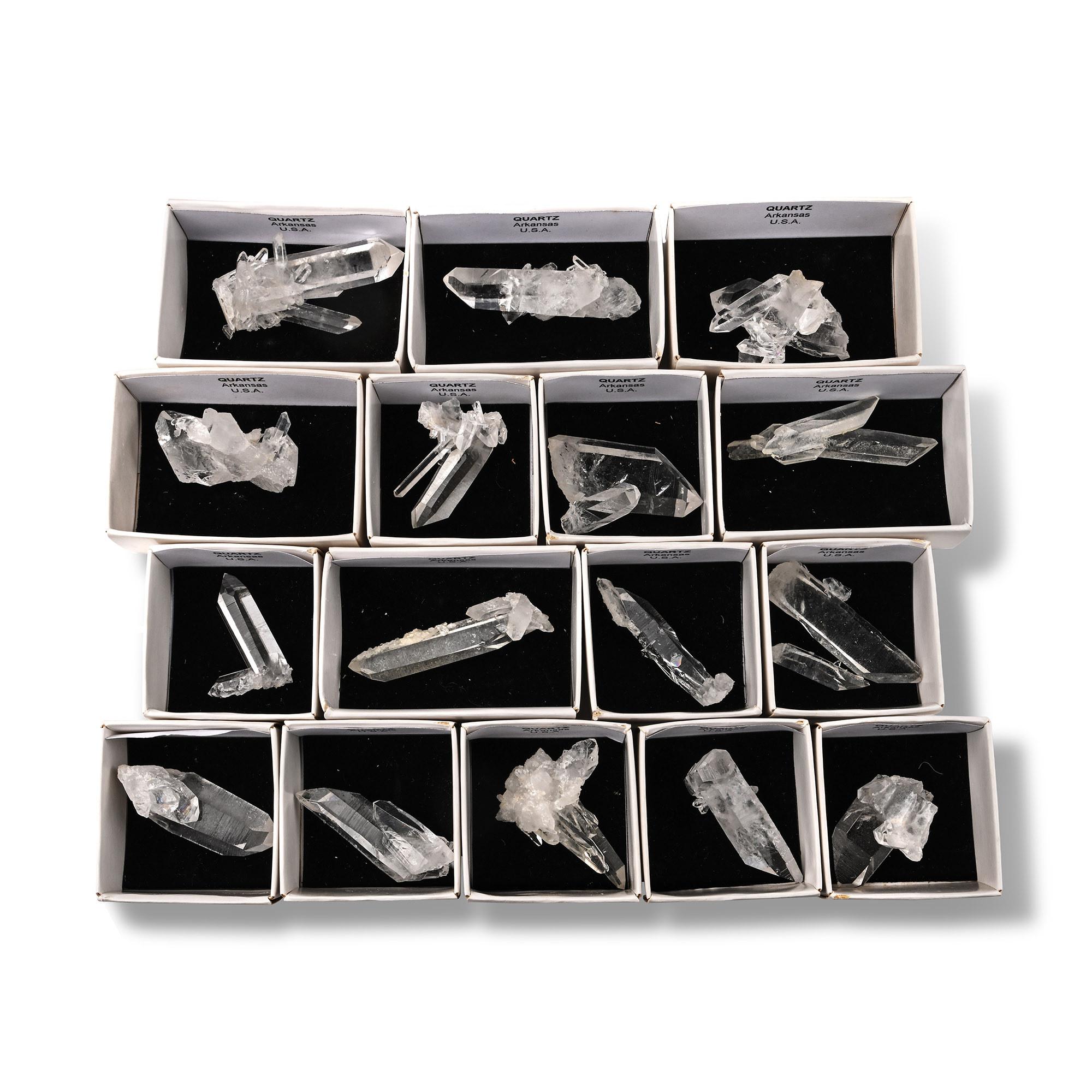 Group of Seventeen [17] Boxed Arkansas Quartz Crystal Display Specimens