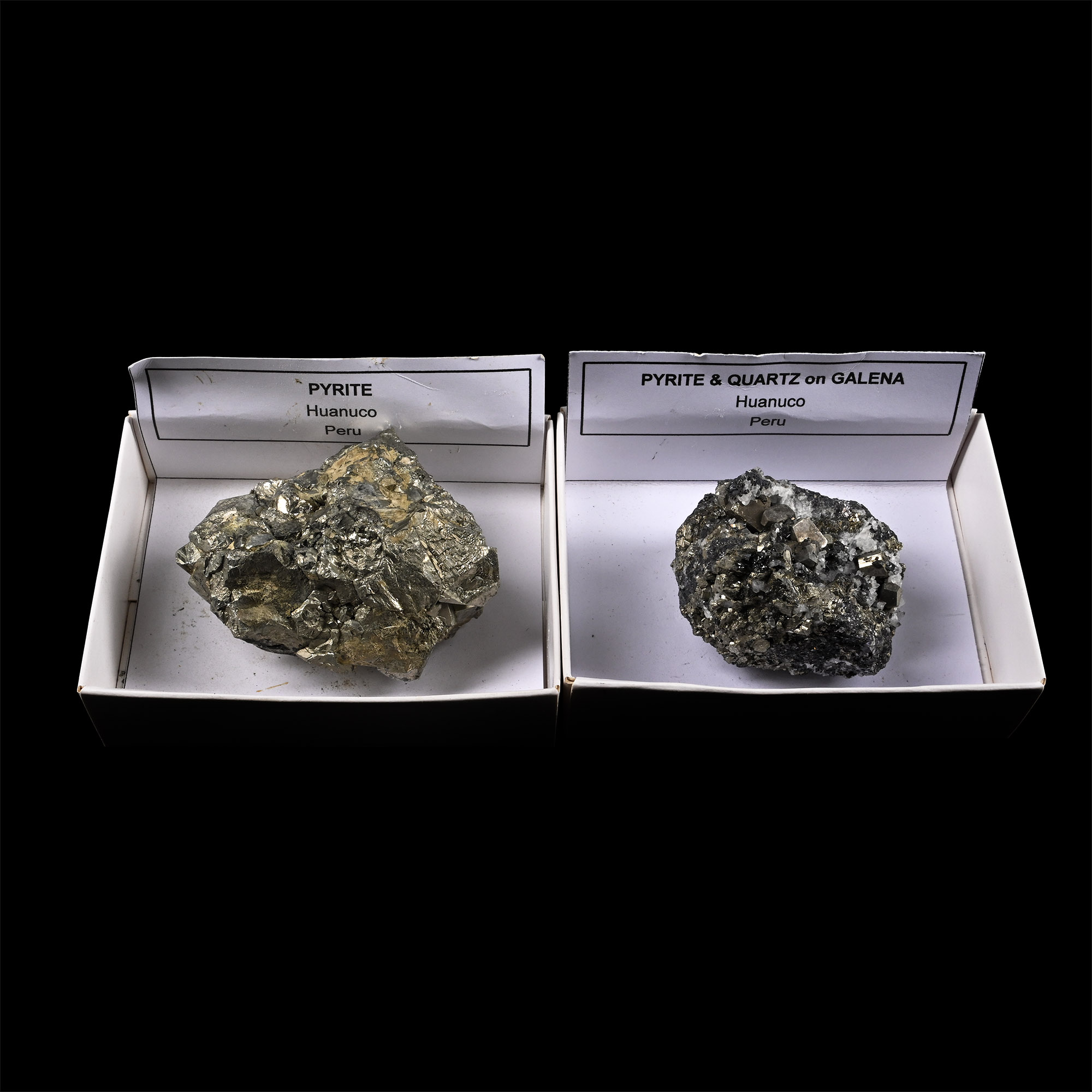 Group of Two [2] Boxed Large Huanuco Pyrite and Pyrite and Quartz on Galena Crystal Specimens