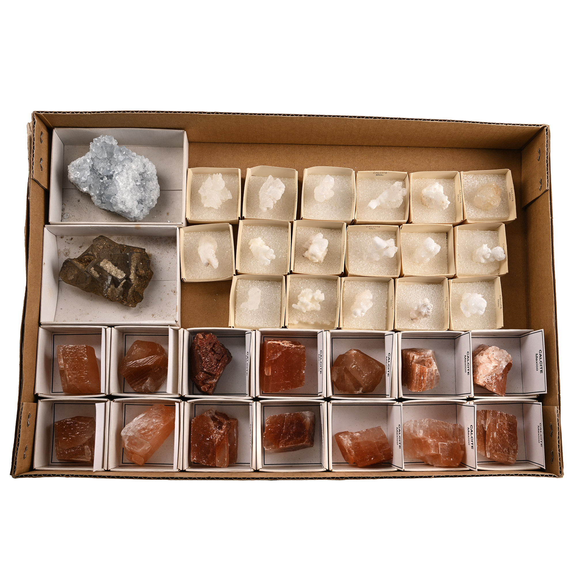 Group of Thirty Three [33] Boxed Mexican Calcite and Other Crystal Specimens