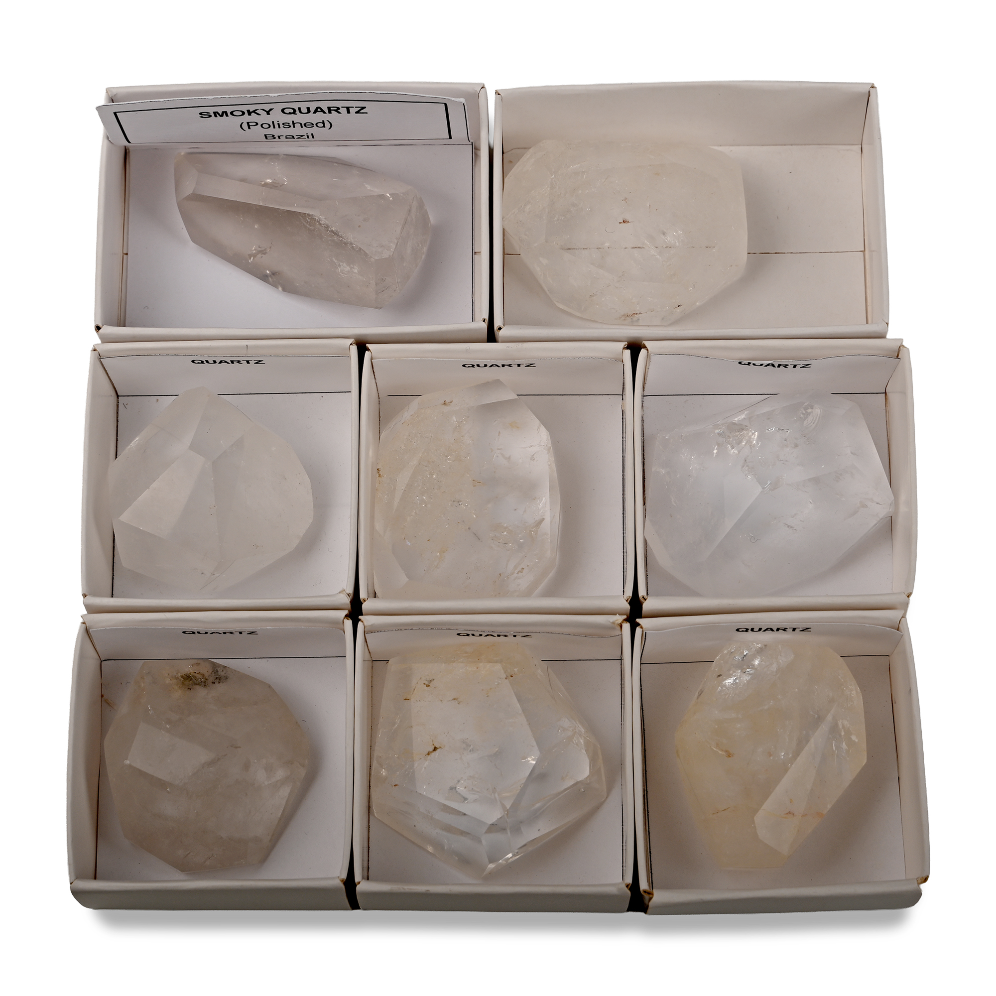 Group of Eight [8] Boxed Quartz and Smoky Quartz Crystal Specimens