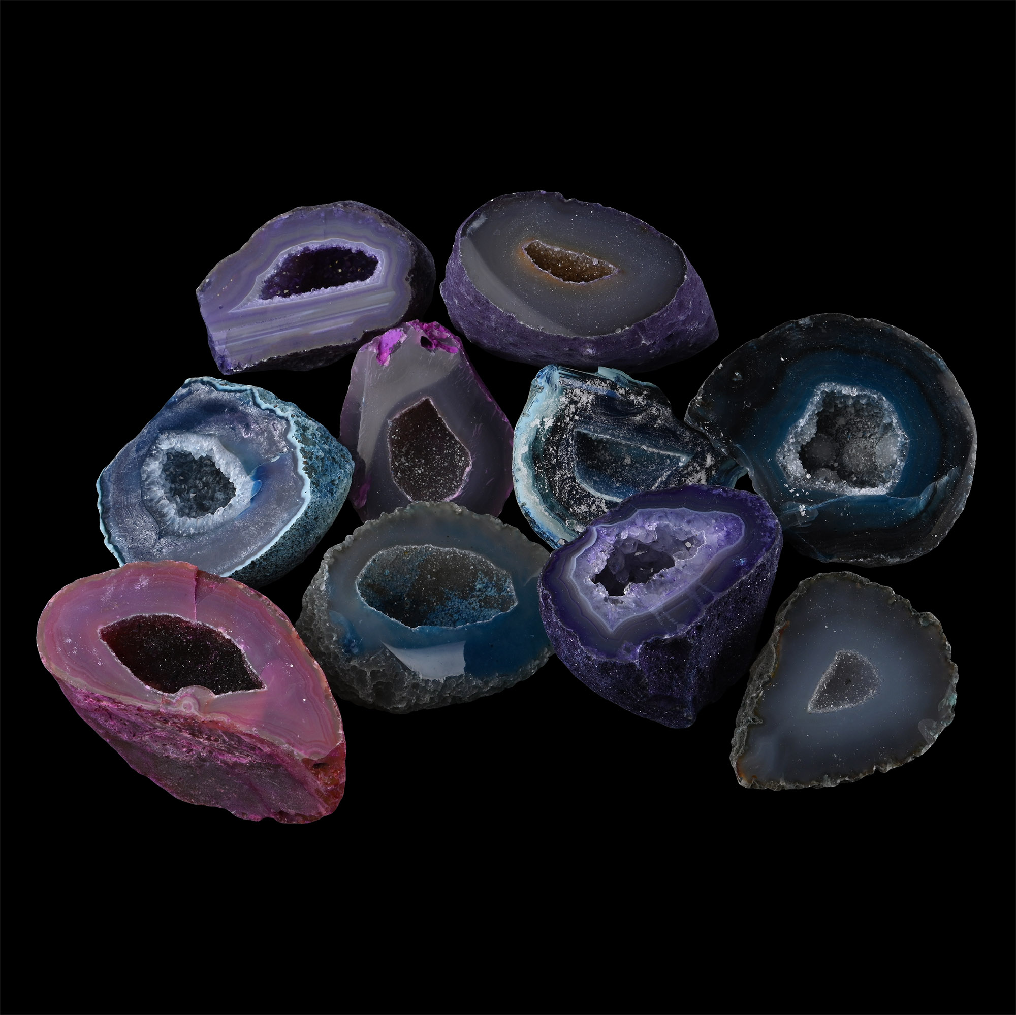 Group of Ten [10] Cut and Polished Coloured Crystal Geode Halves