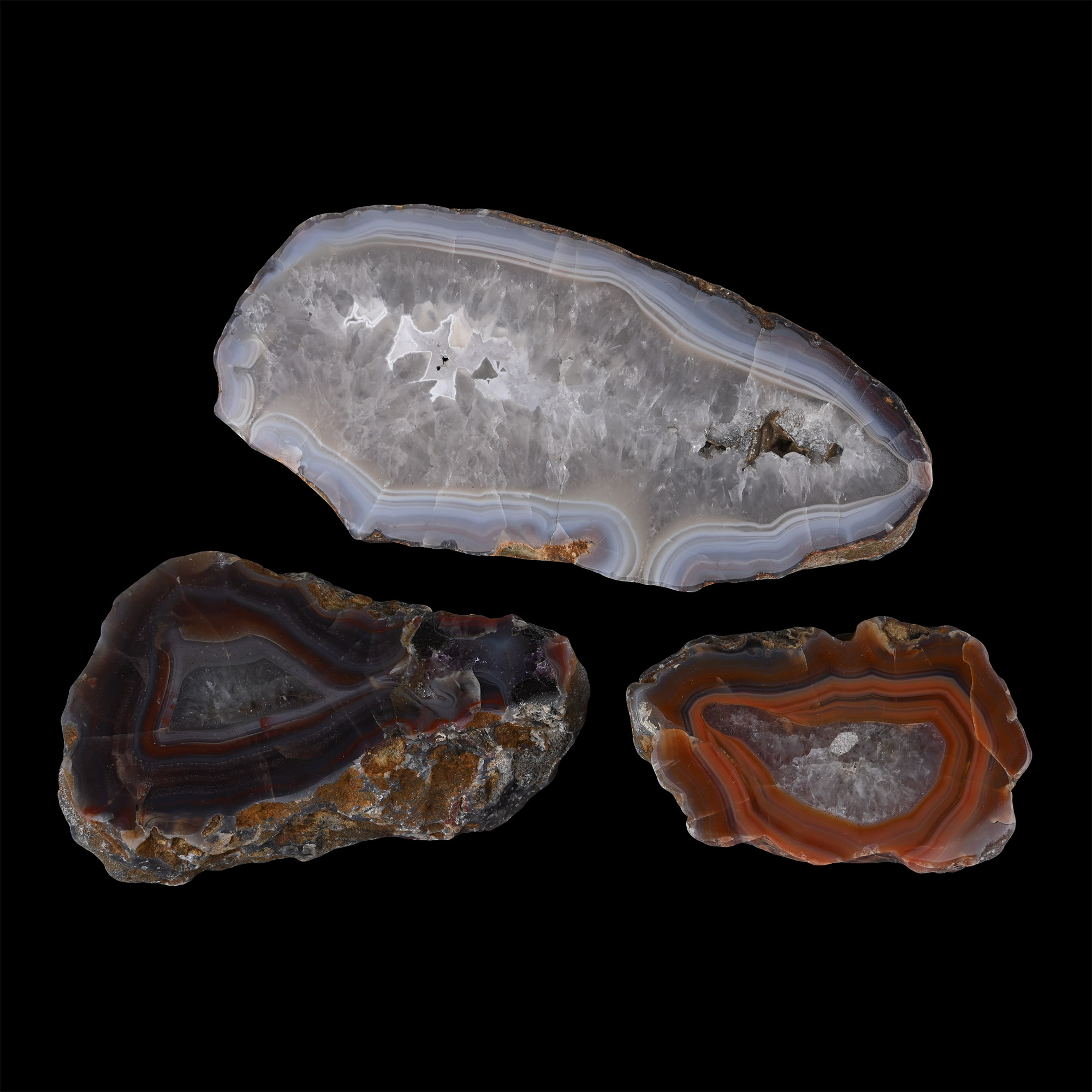 Group of Three [3] Cut and Polished Malawi Agate Geode Halves