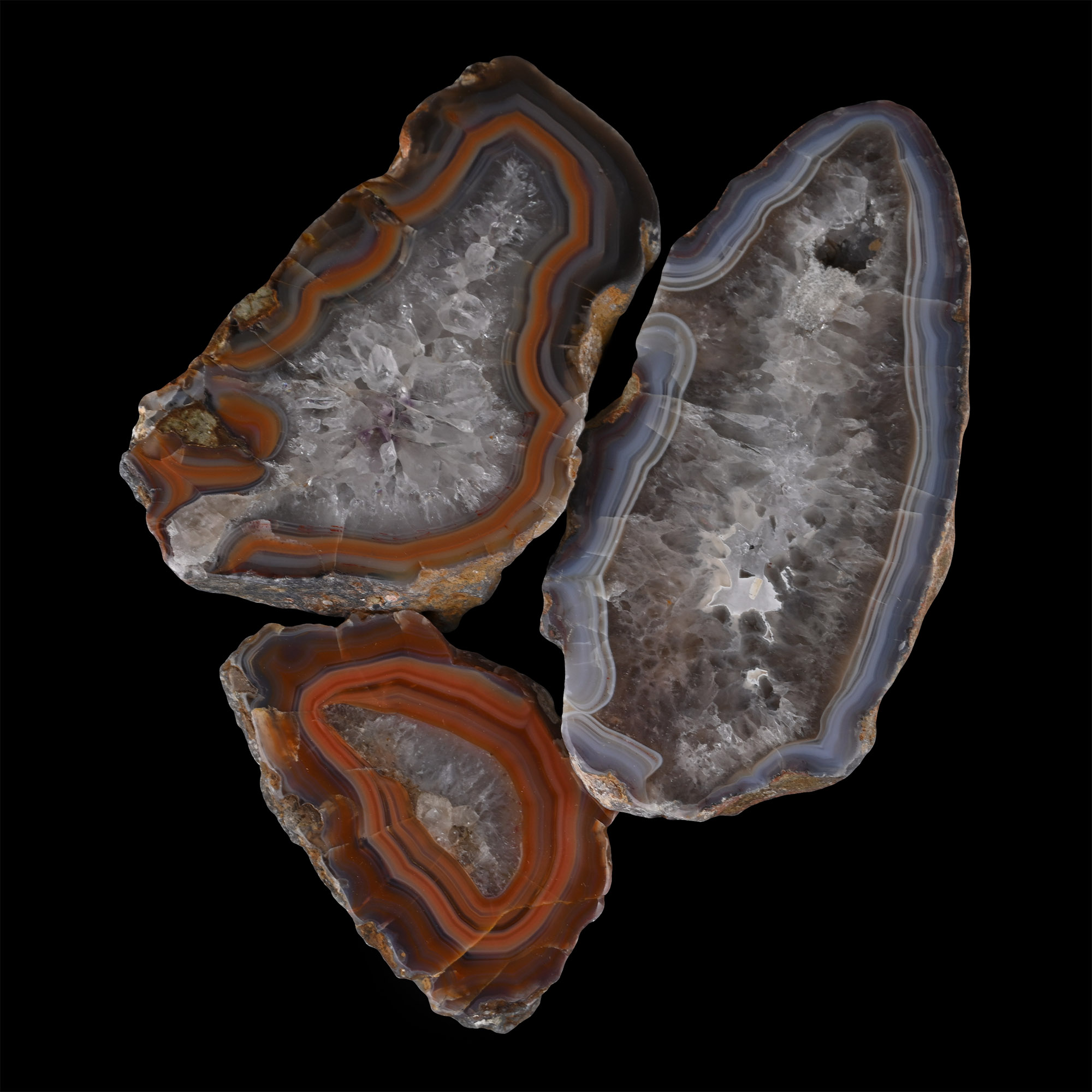 Collection of Three [3] Cut and Polished Malawi Agate Geode Halves