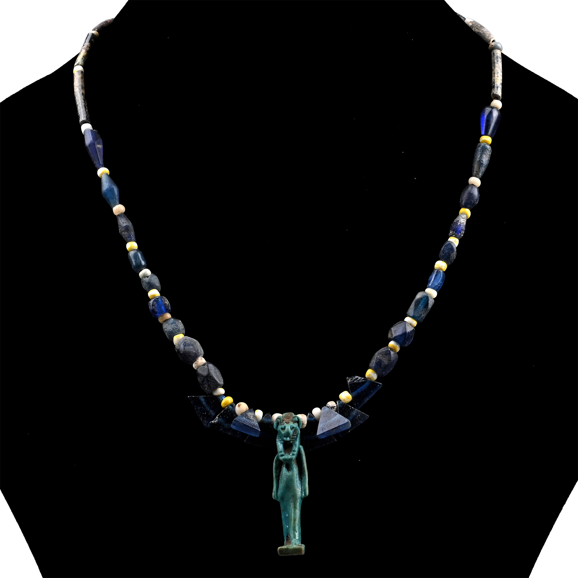Egyptian Glass Bead Necklace with Large Sekhmet Faience Amulet