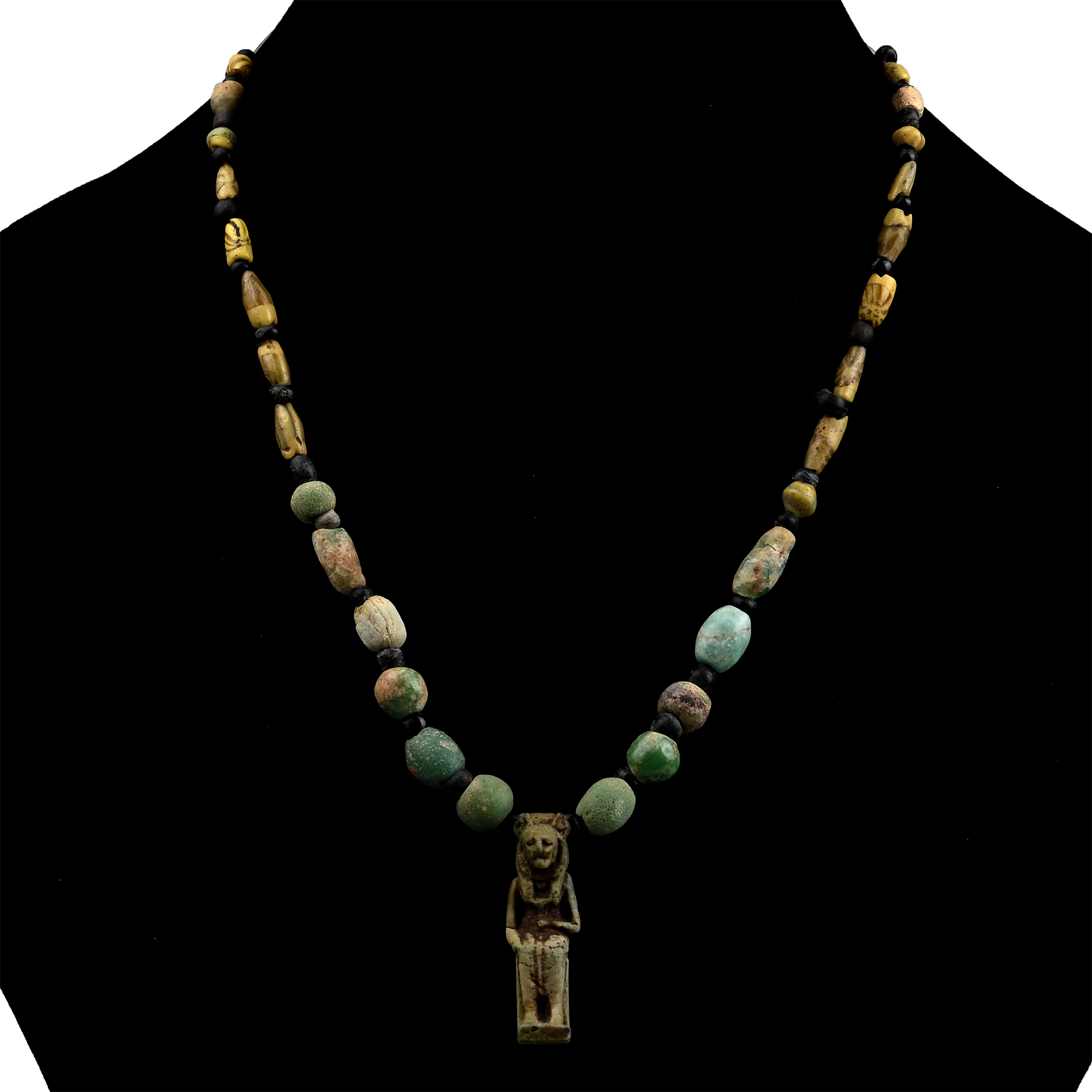 Egyptian Glass Bead Necklace with Large Sekhmet Faience Amulet