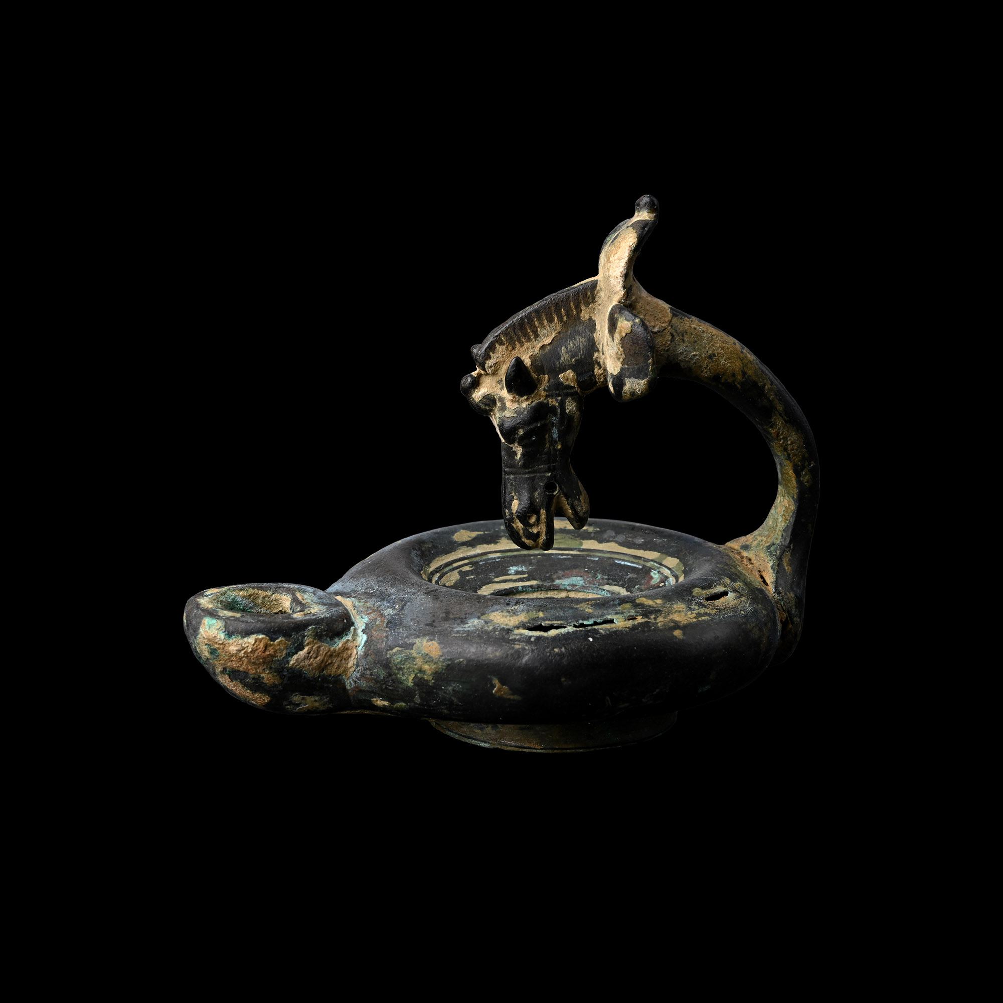 Roman Bronze Oil Lamp with Horse-Head Handle