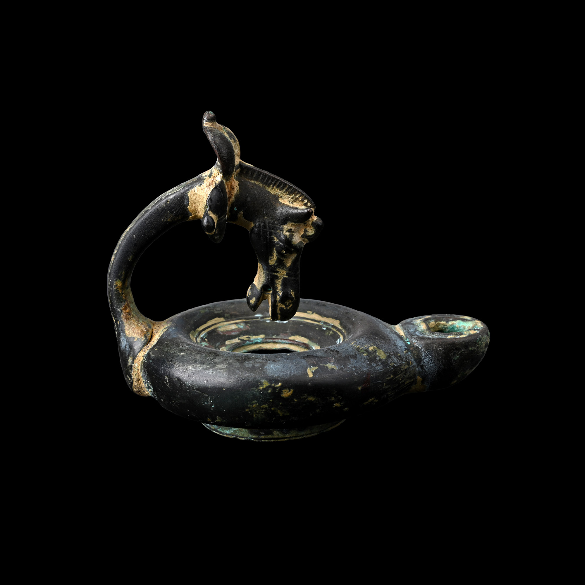 Roman Bronze Oil Lamp with Horse-Head Handle