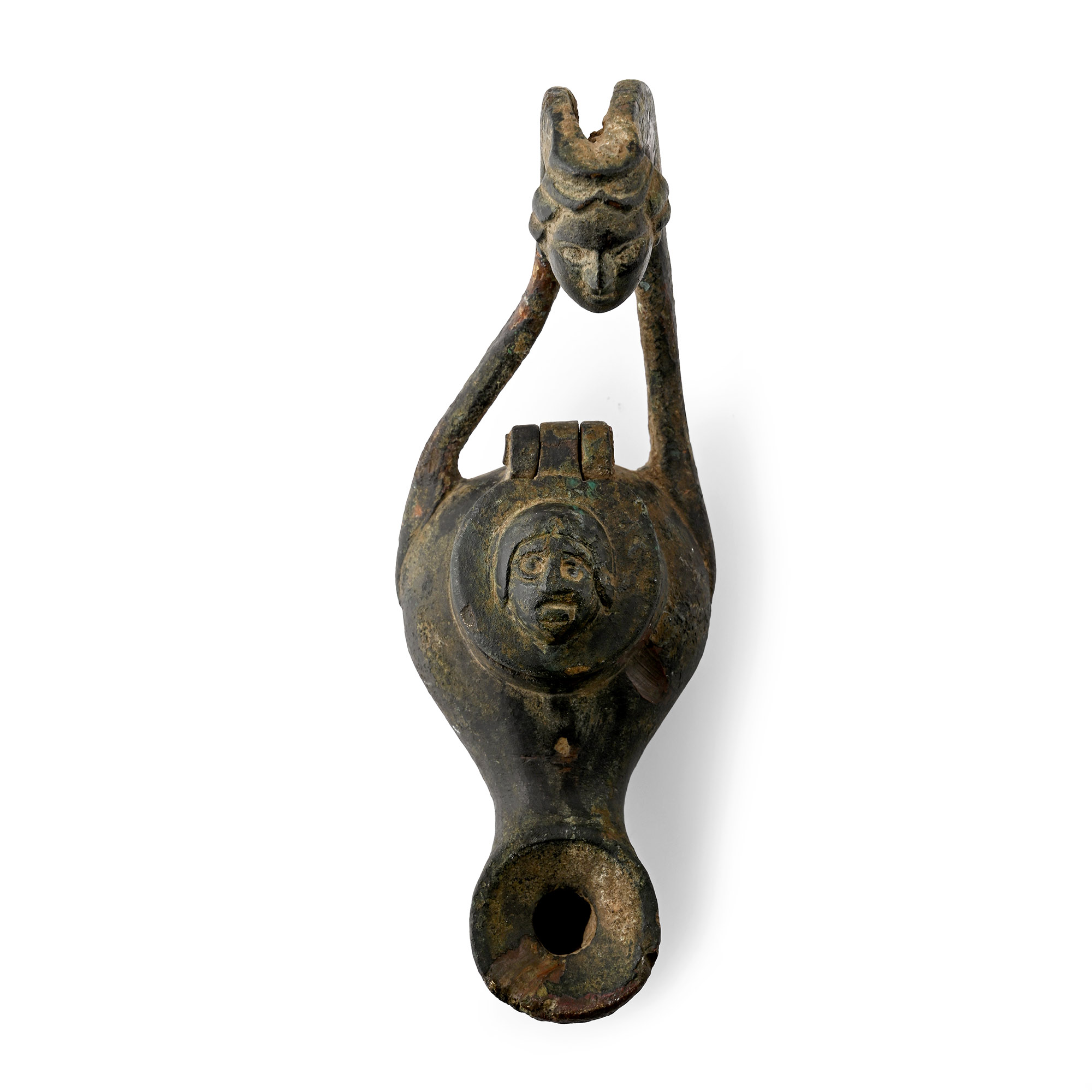 Roman Bronze Oil Lamp with Masks