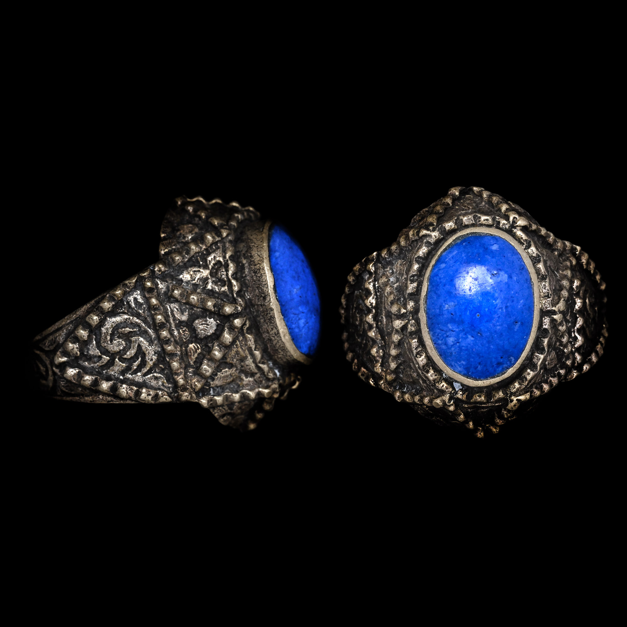 Ottoman Style Silver-Coloured Metal Ring with Blue Cabochon