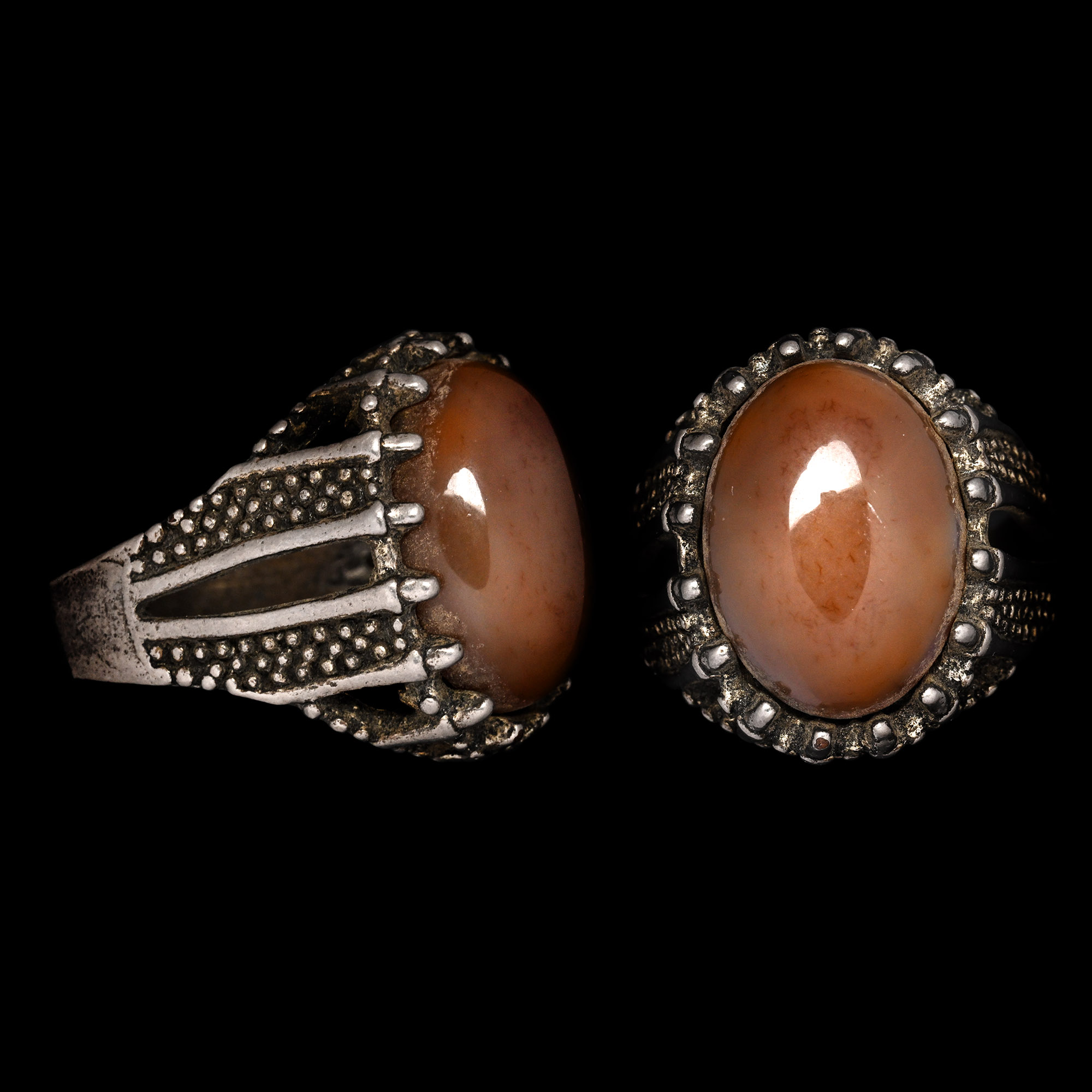 Ottoman Empire Silver-Coloured Metal Ring with Brown Cabochon