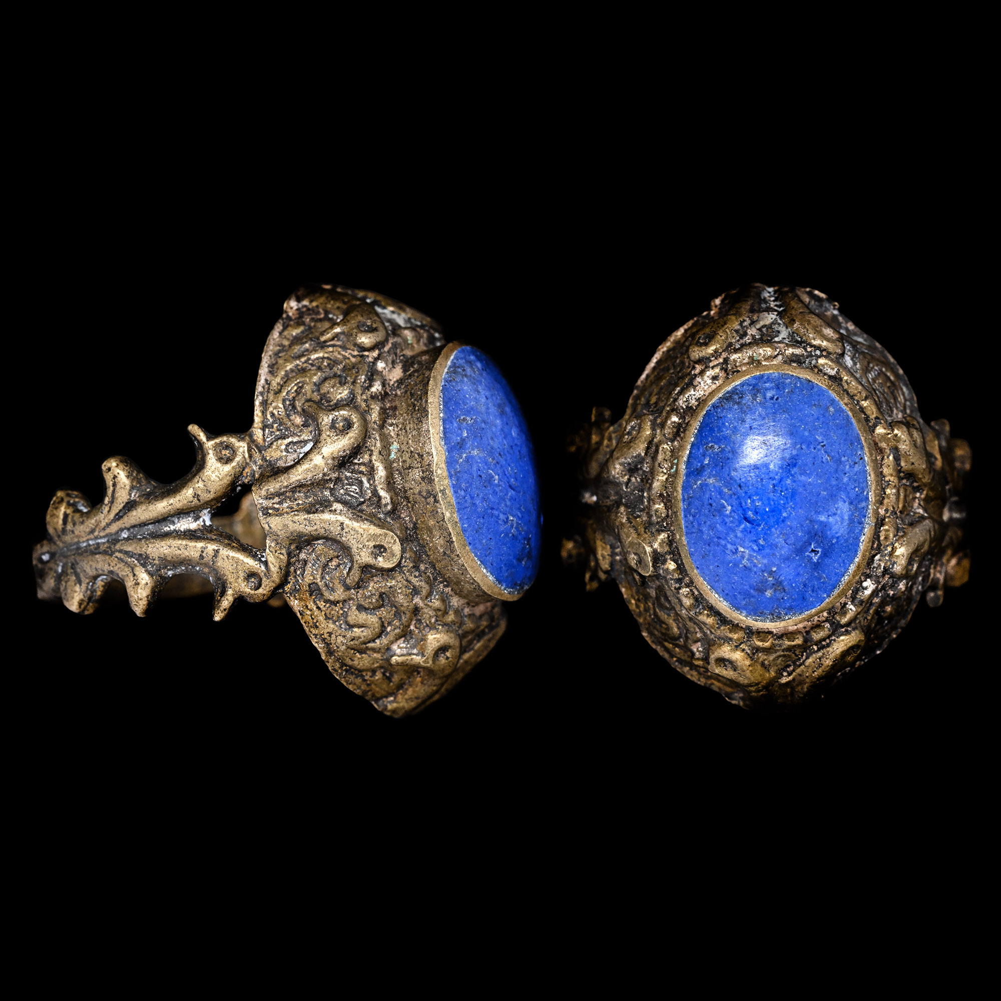 Ottoman Style Silver-Coloured Metal Ring with Blue Cabochon