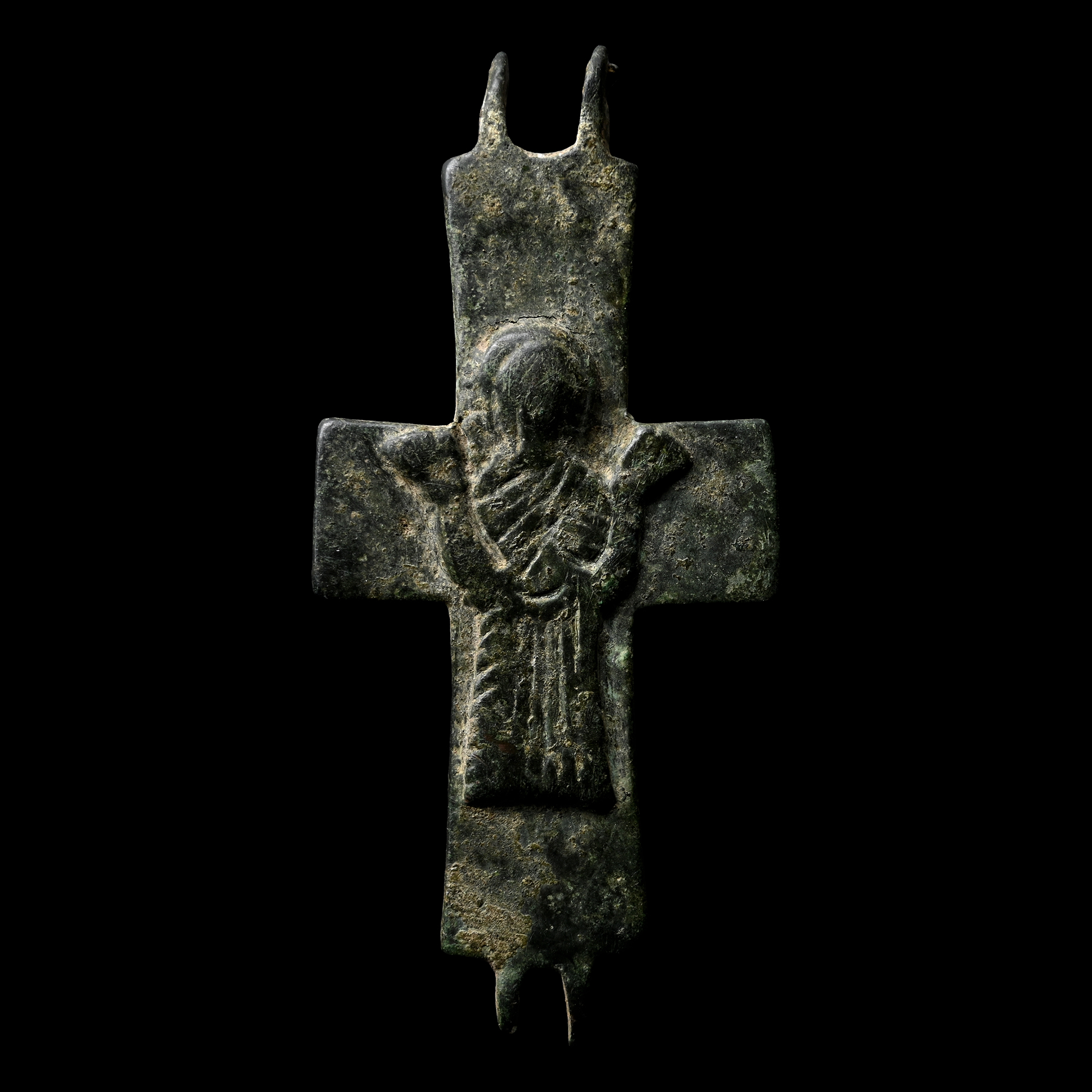 Byzantine Bronze Reliquary Cross Pendant Plate