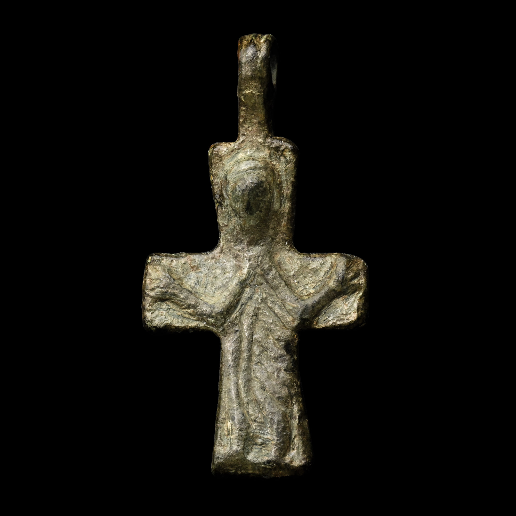 Byzantine Bronze Cross Pendant with Corpus Christi