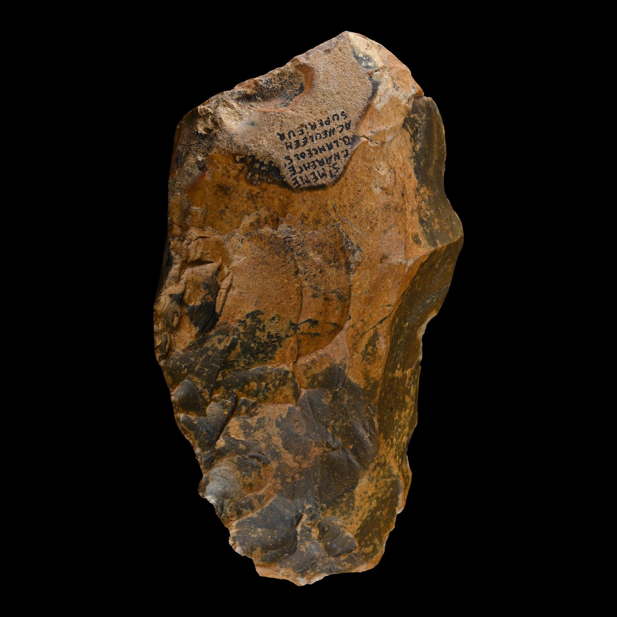 Large Stone Age Acheulean Knapped Flint Handaxe with Attractive Orange Patina