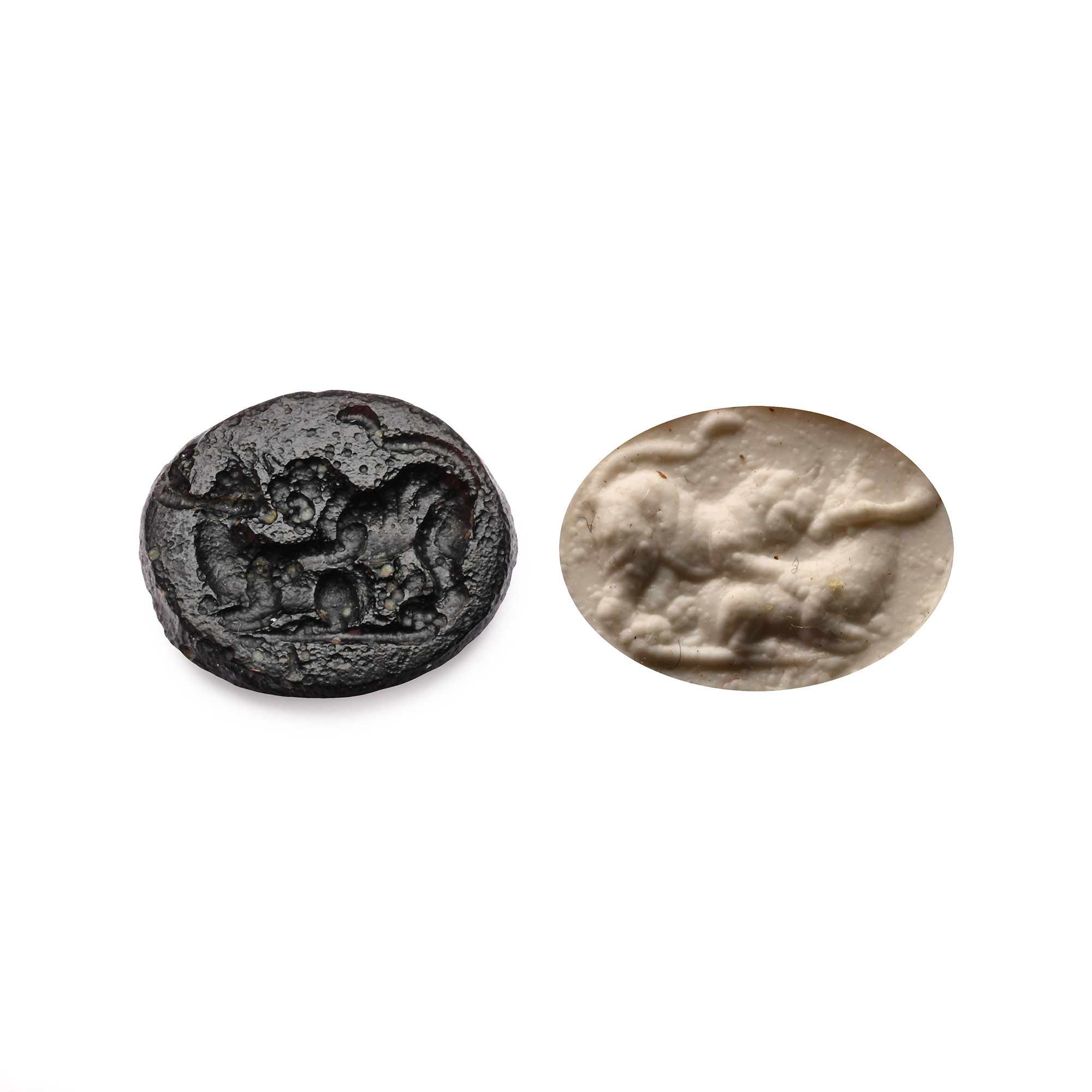 Roman Glass Gem with Lion Attacking a Bull