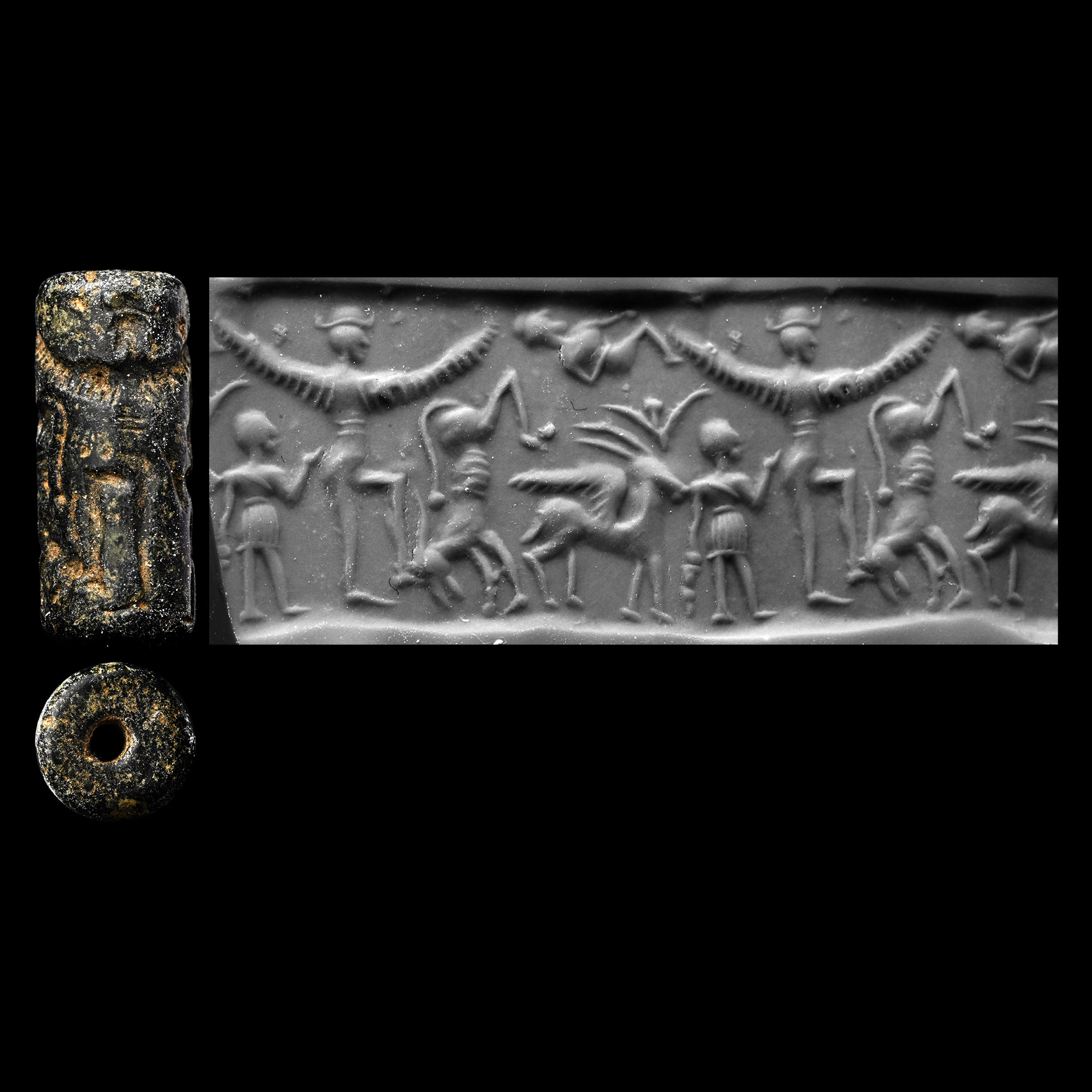 Western Asiatic Black Stone Cylinder Seal with Winged God