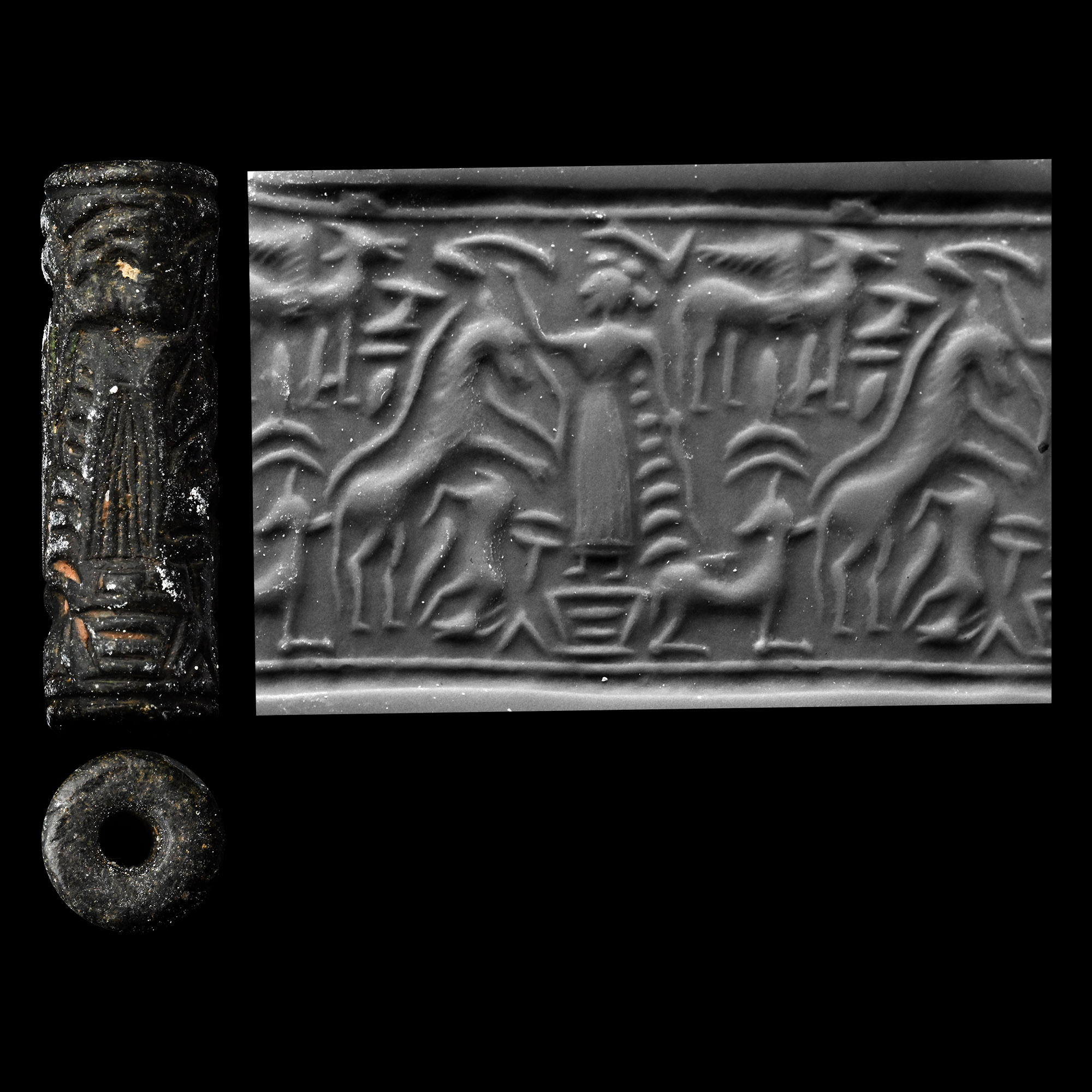 Western Asiatic Black Stone Cylinder Seal with Master of Animals