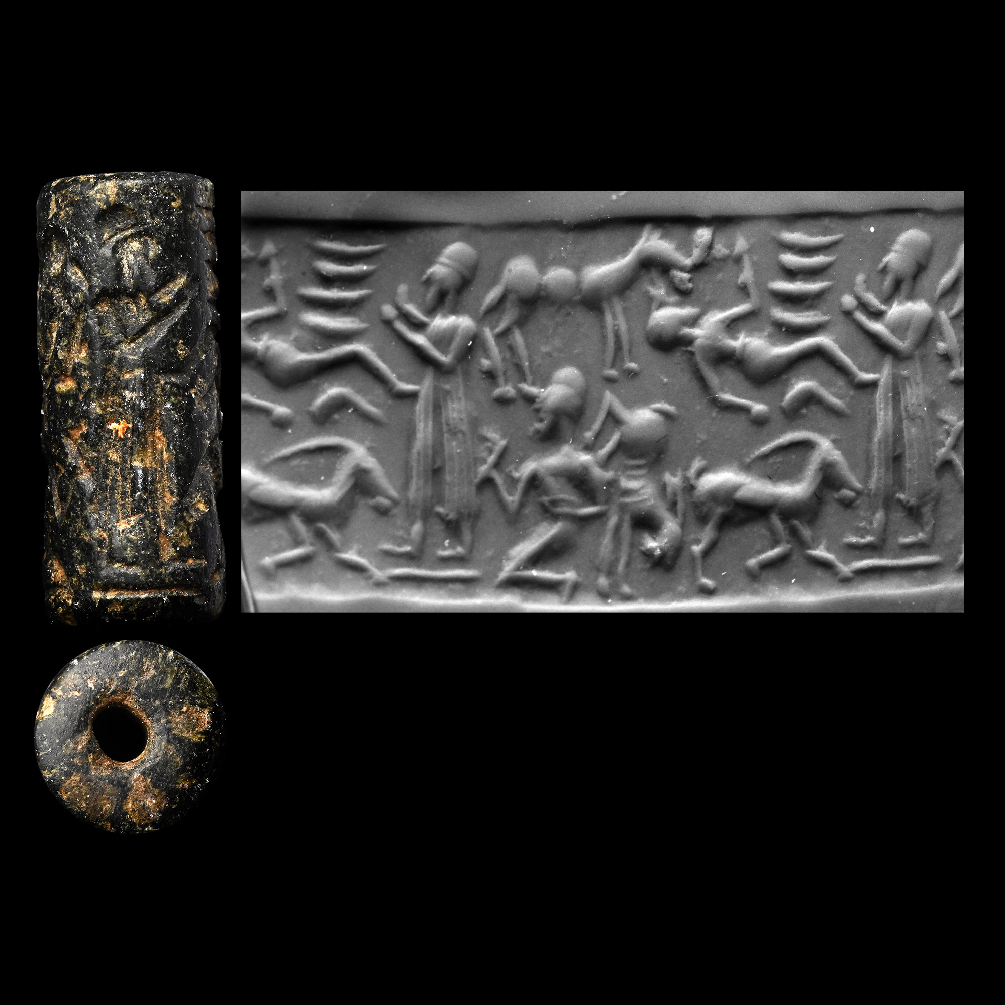 Western Asiatic Black Stone Cylinder Seal with Worship Scene