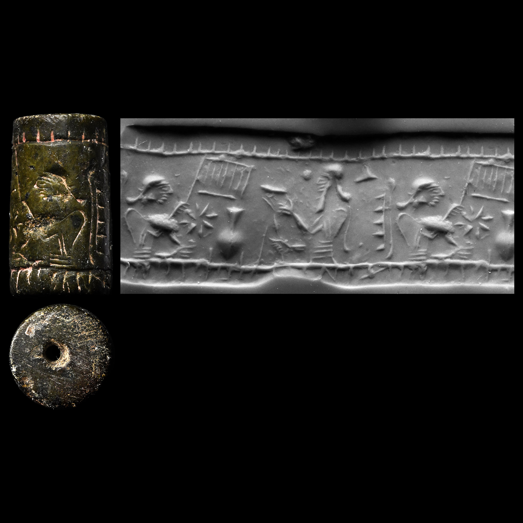 Western Asiatic Black Stone Cylinder Seal with Court Scene