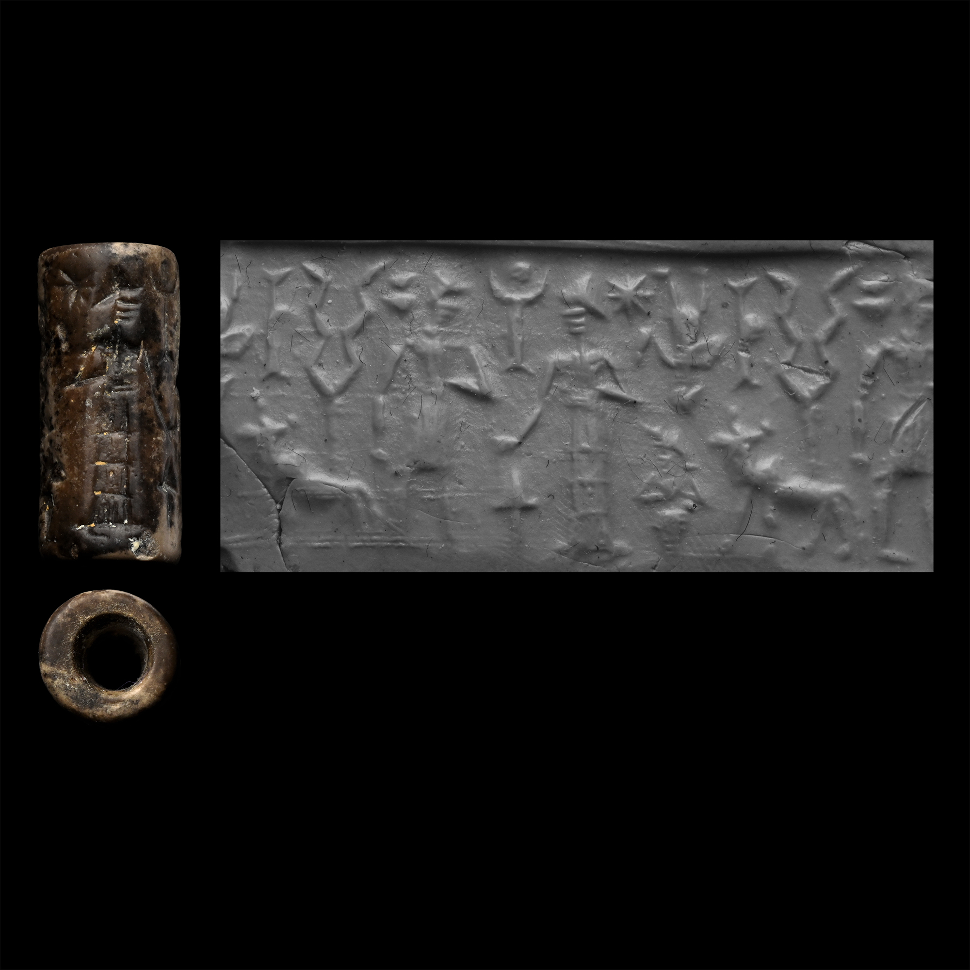 Western Asiatic Grey Stone Cylinder Seal with Figures and Animals