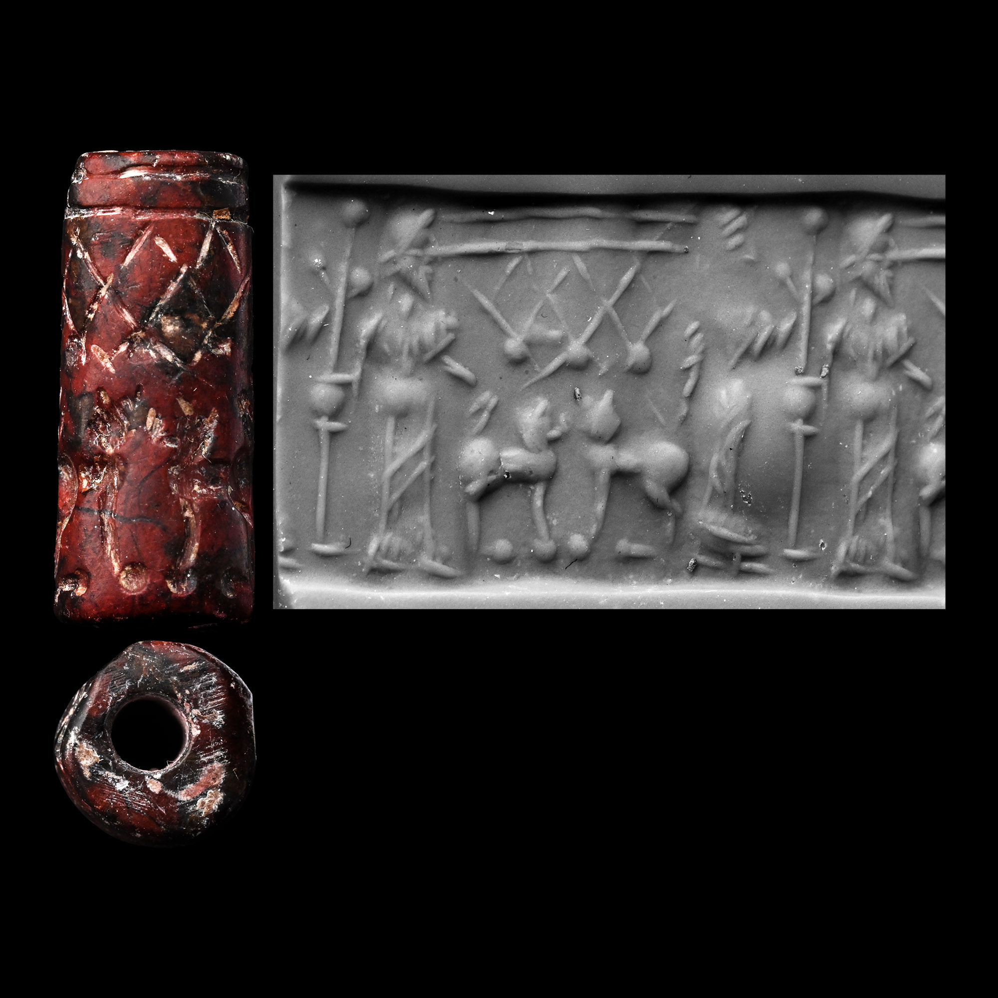 Western Asiatic Dark Red Jasper Cylinder Seal with Figural Scene