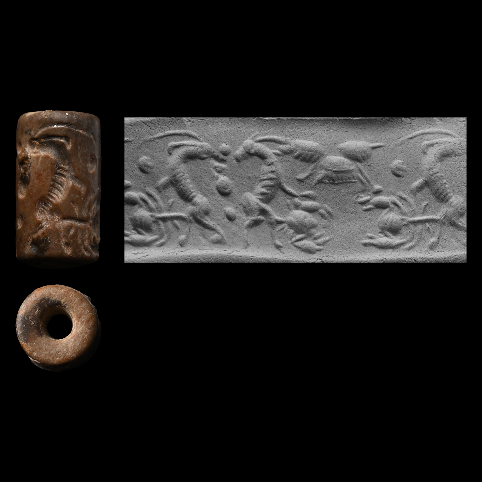 Western Asiatic Brown Stone Cylinder Seal with Ibexes
