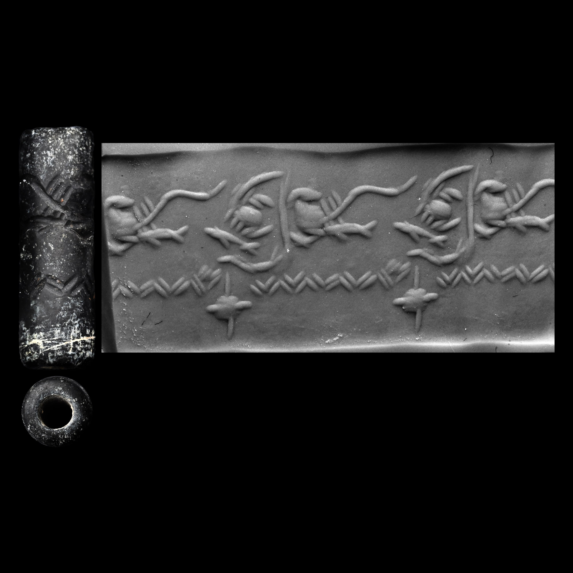 Carved stone cylinder seal with fish and a crab
