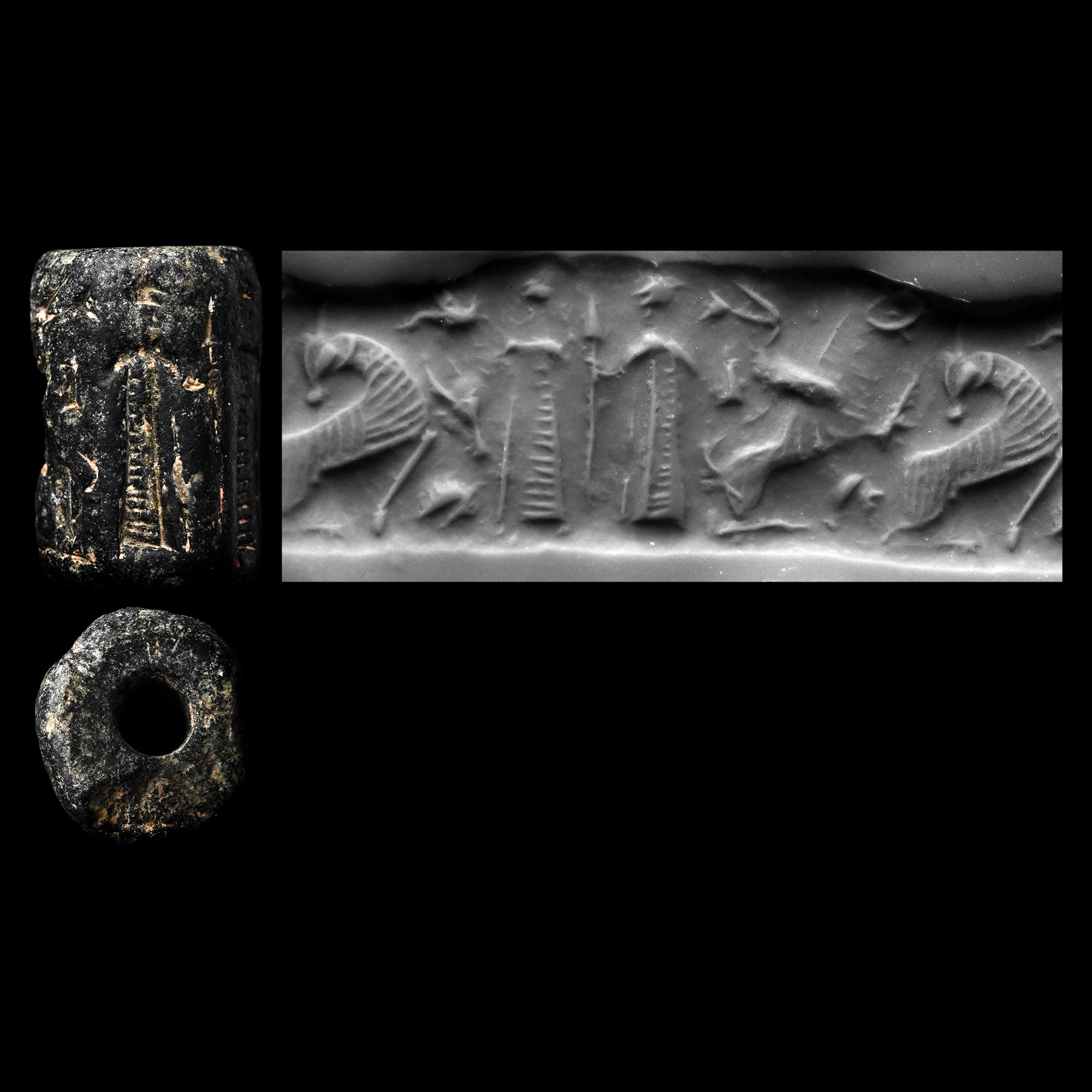 Western Asiatic Black Stone Cylinder Seal with Animals