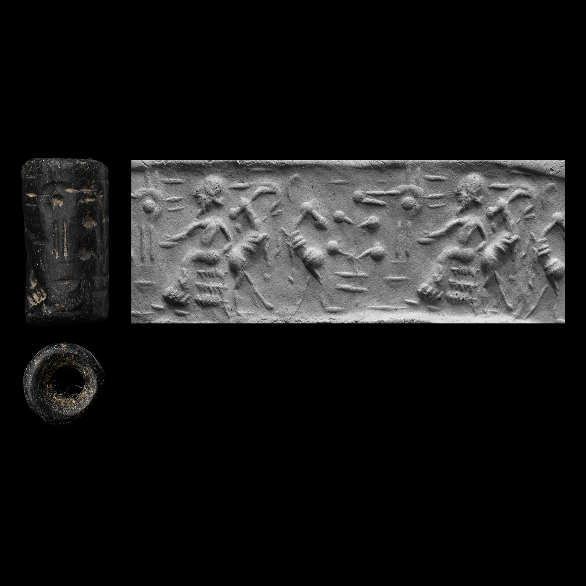 Western Asiatic Black Stone Cylinder Seal with Court Scene
