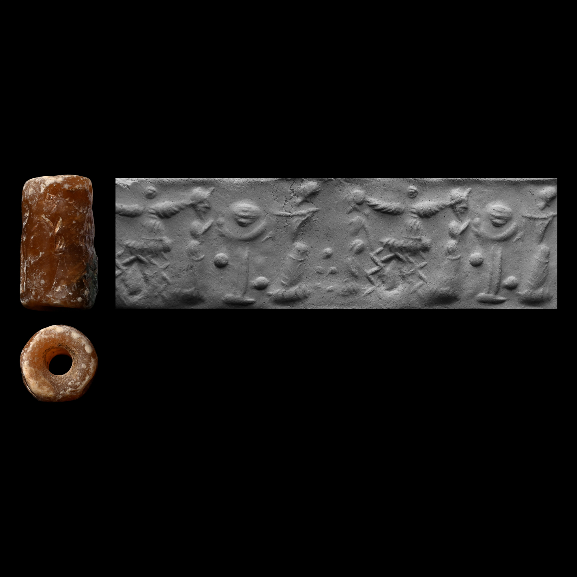 Western Asiatic Brown Stone Cylinder Seal with Worship Scene