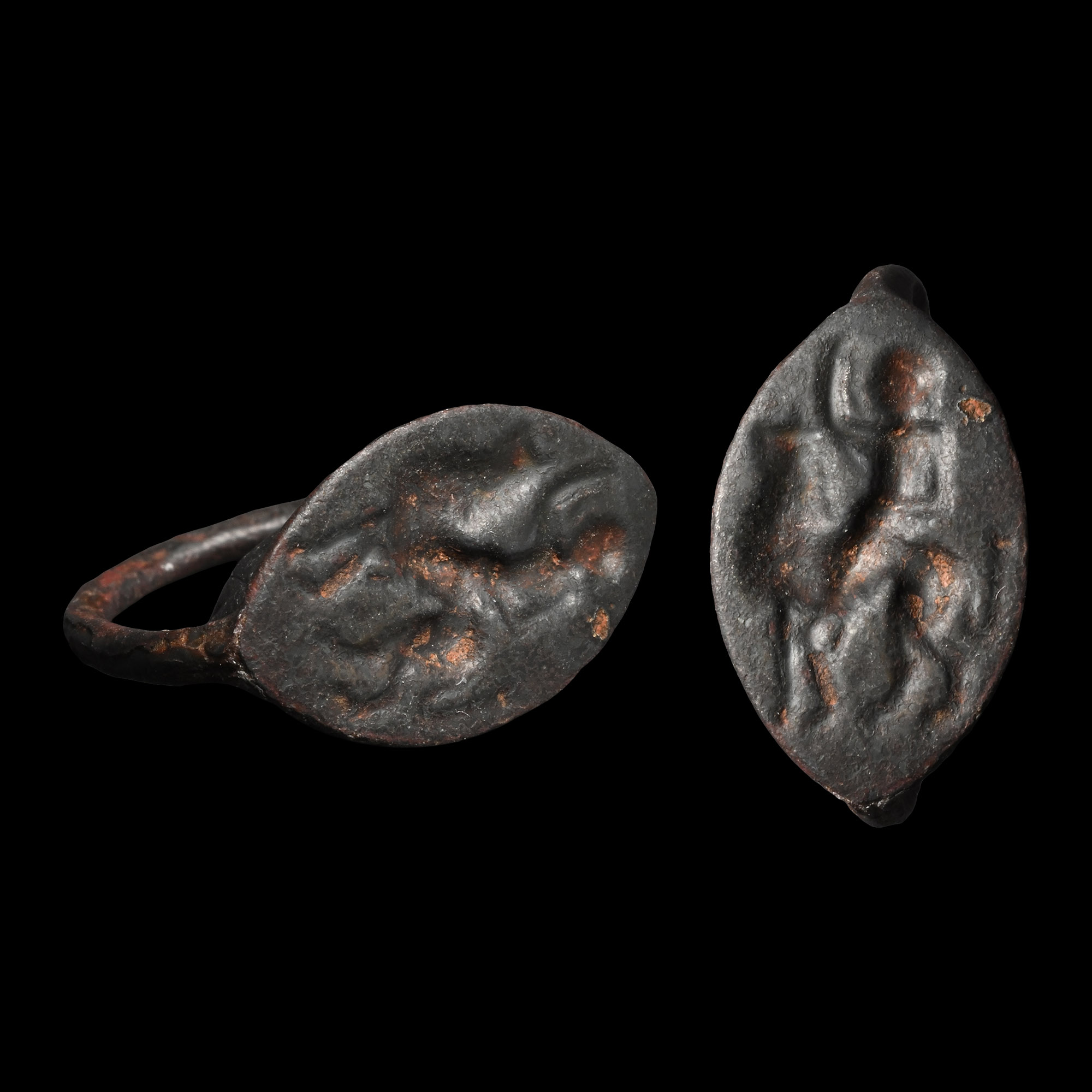 Large Greek Bronze Ring with Mounted Warrior