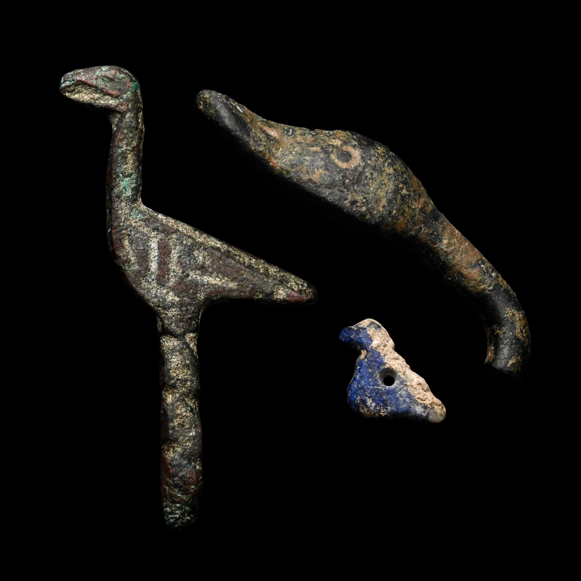 Roman Bronze and Lapis Bird Finial and Bead Group