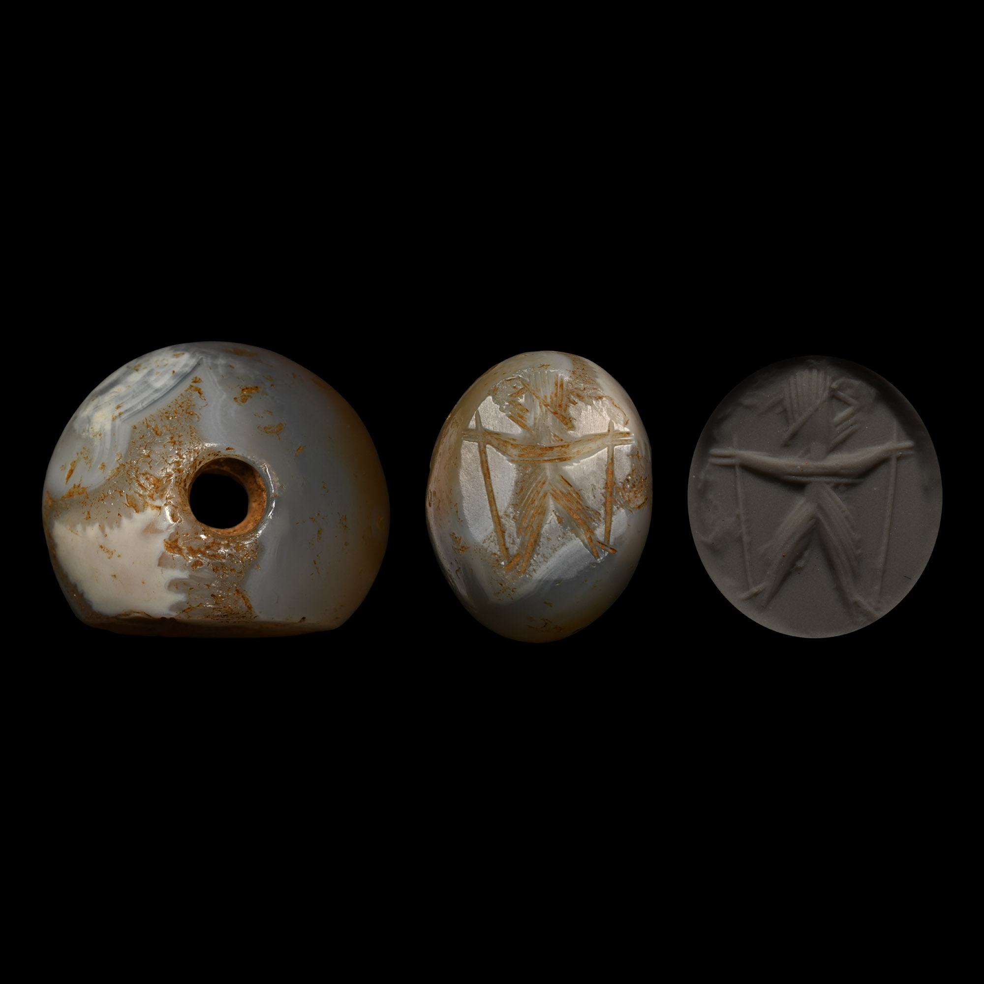 Sasanian Agate Stamp Seal with Man Holding Staves