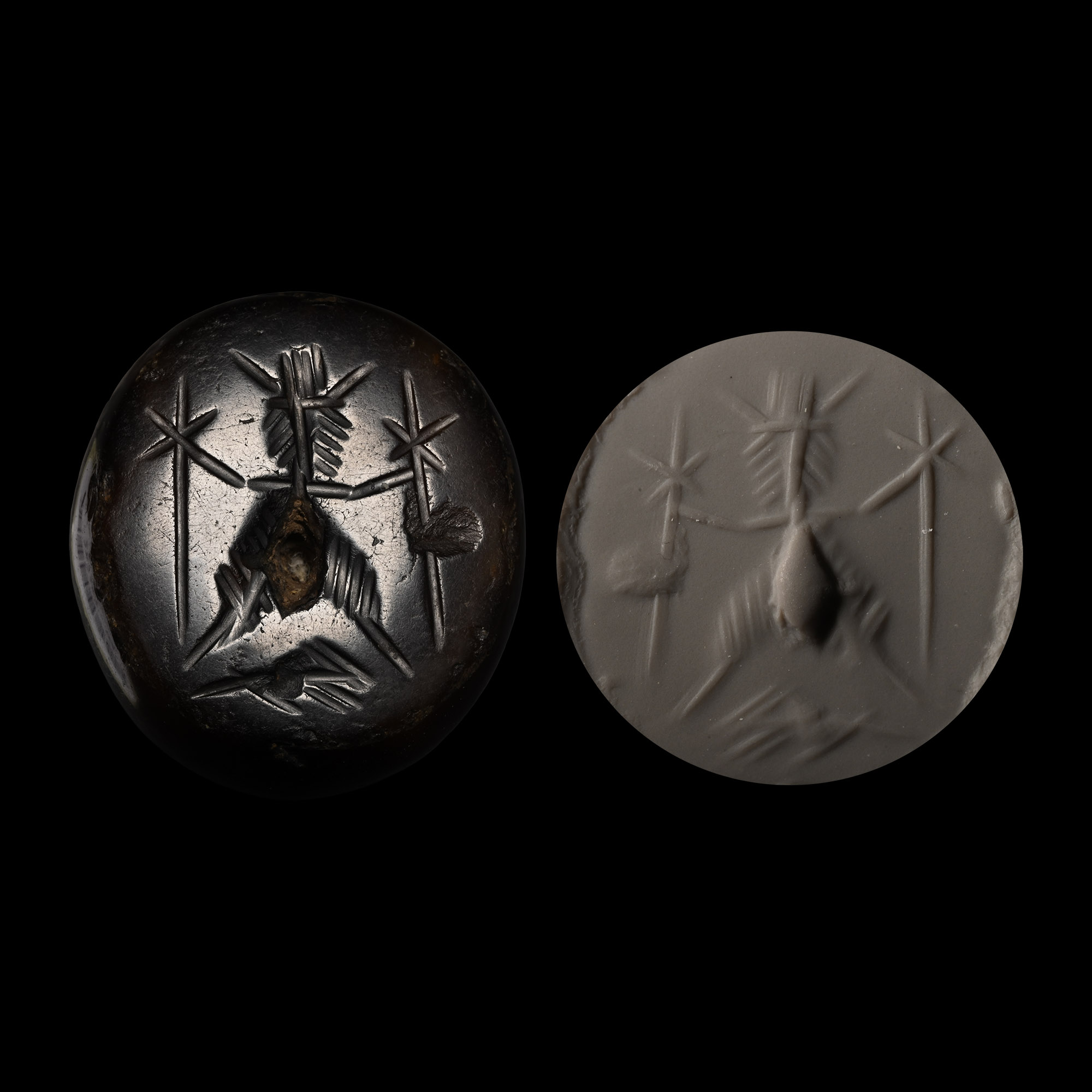 Large Sasanian Dark Agate Stamp Seal with Master of Animals