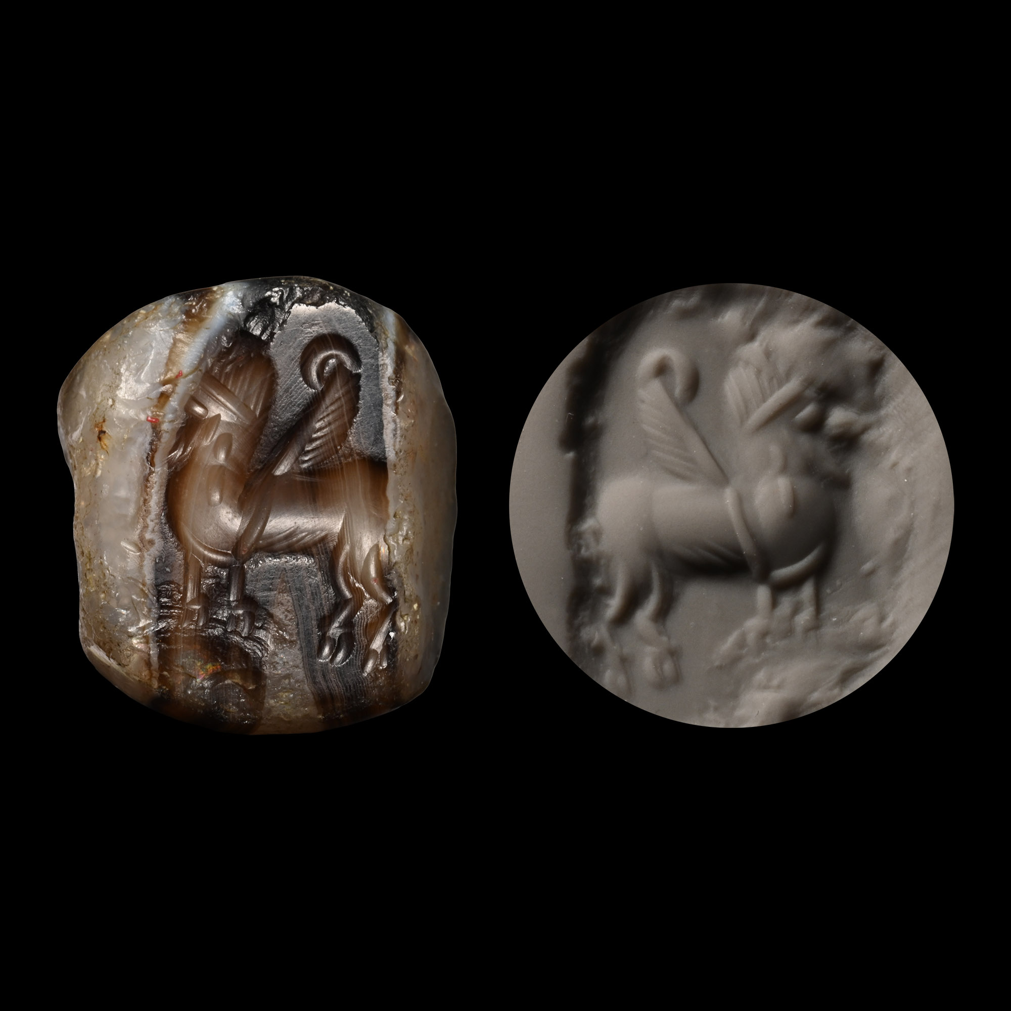 Neo-Babylonian Reused Banded Agate Stamp Seal with Lamassu
