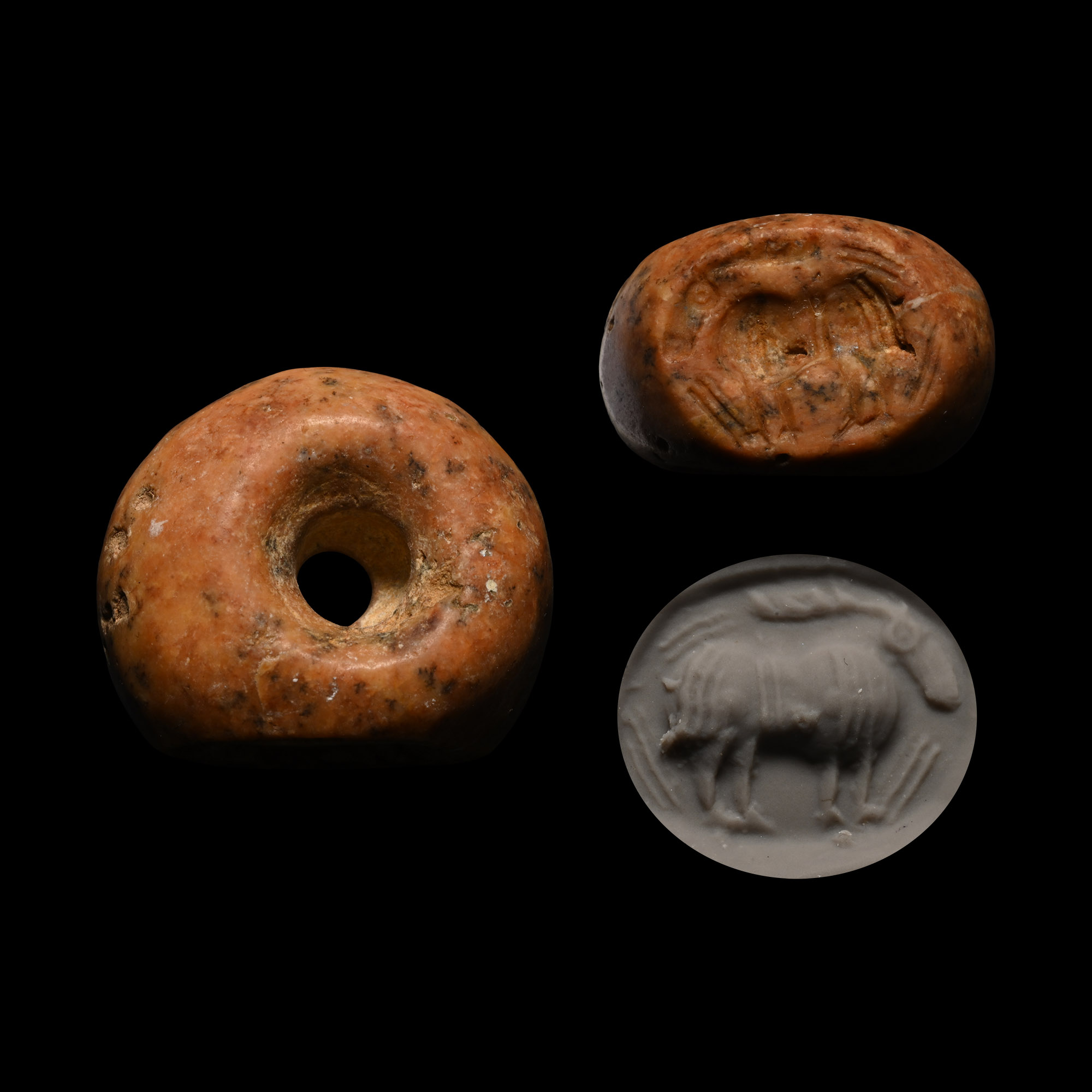 Sasanian Flecked Orange Stone Stamp Seal with Ibex