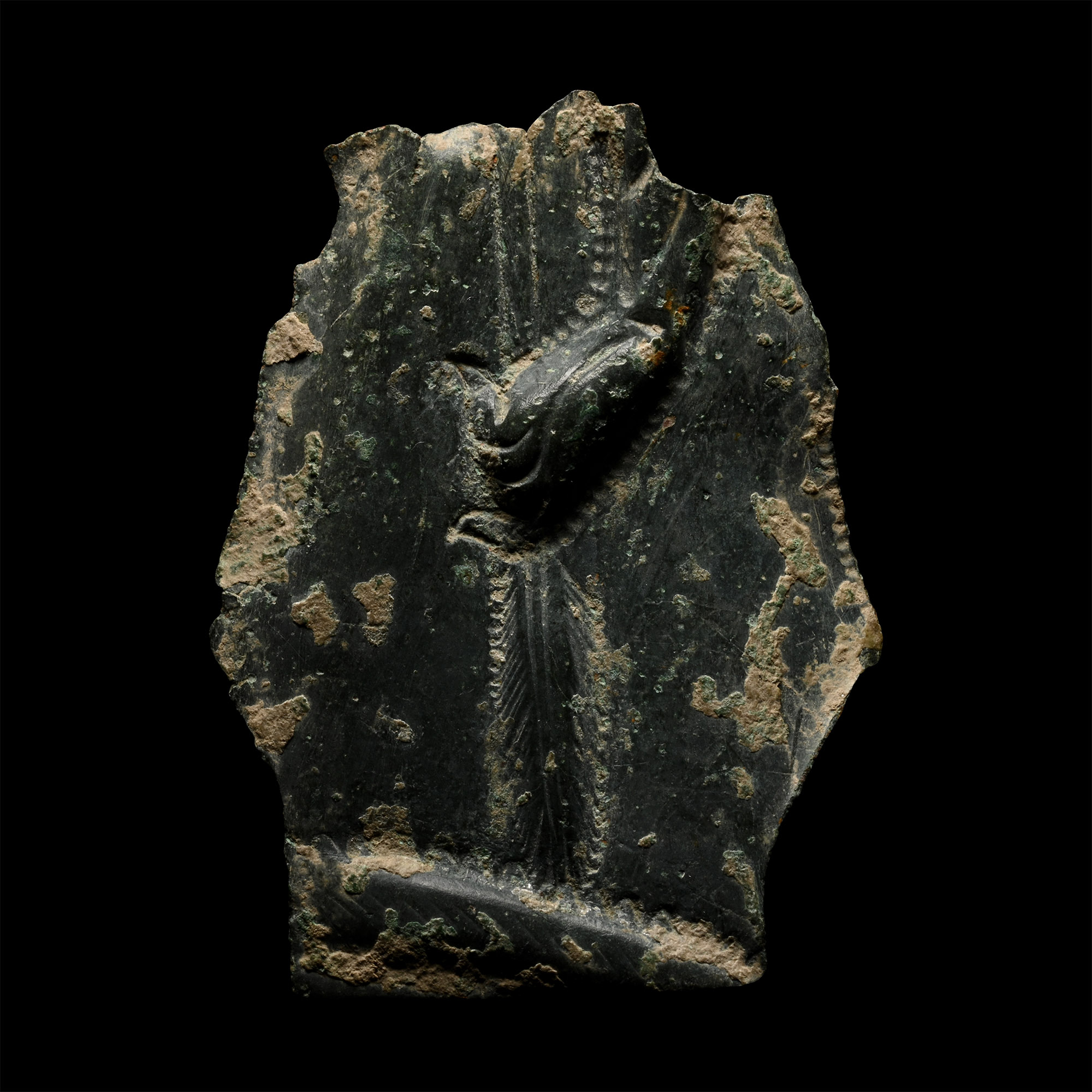 Roman Bronze Helmet Fragment with Hand Holding a Plumed Staff