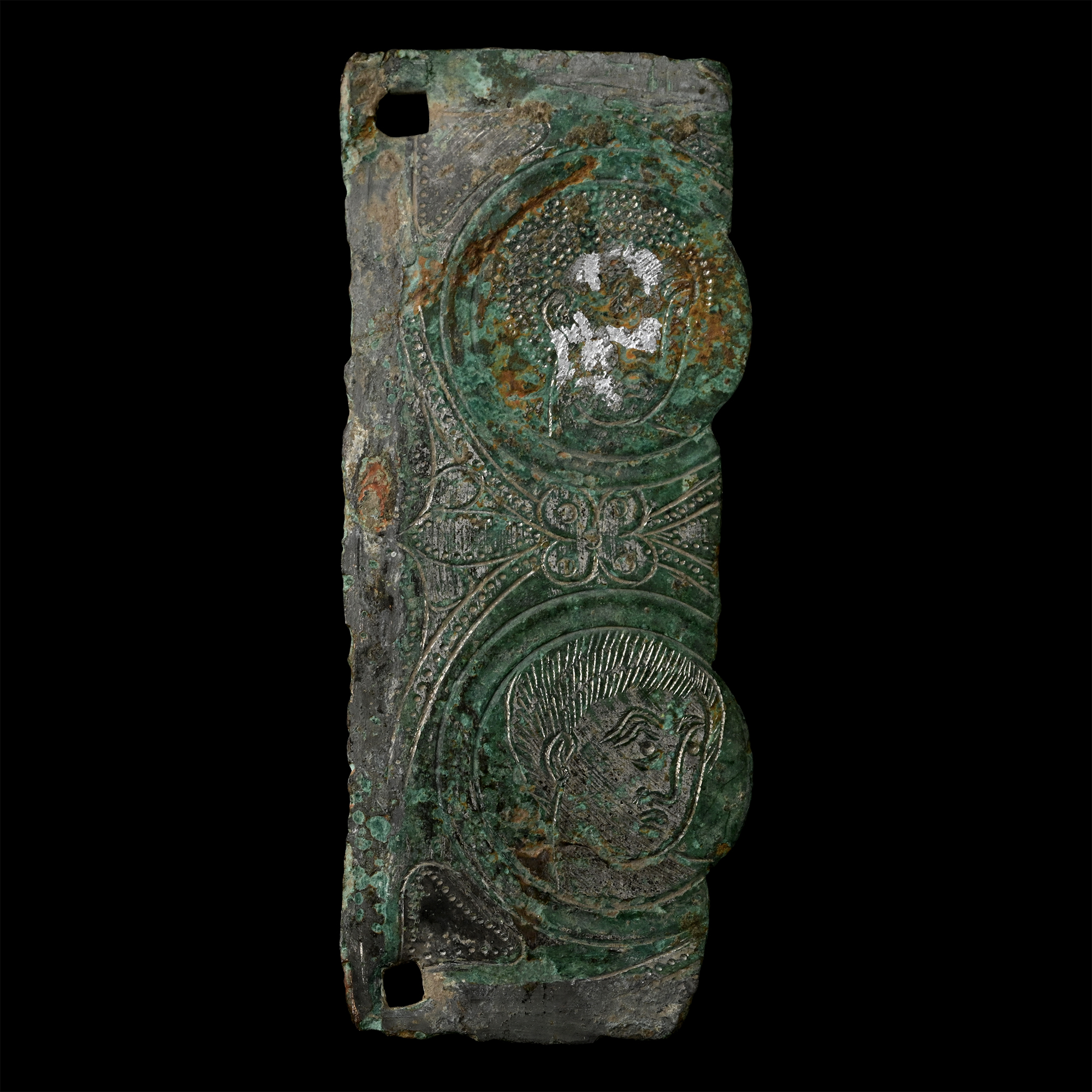 Roman Tinned Bronze Plaque Fragment with Two Busts