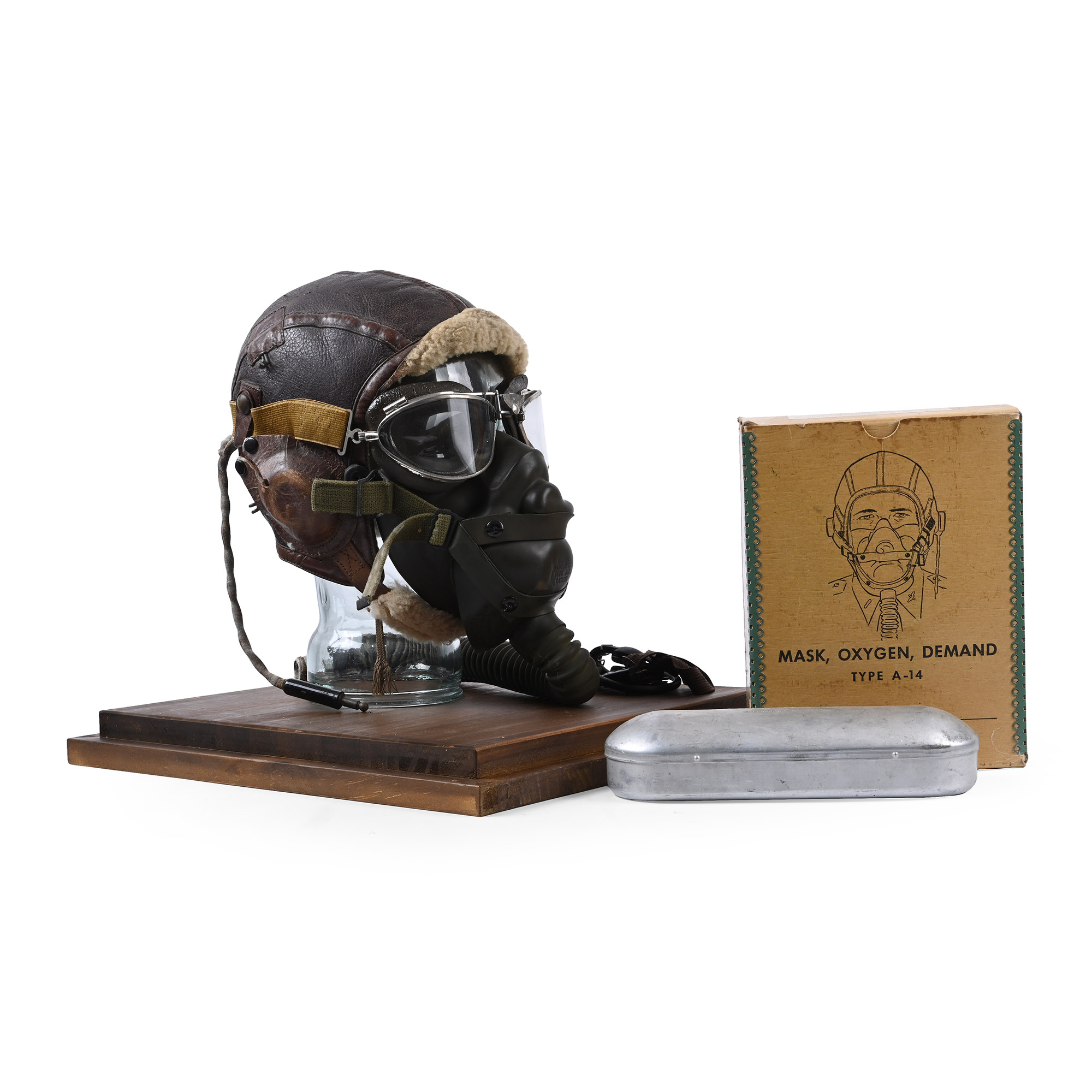 American Air Force WWII Sheepskin Helmet, Earphones, 'Posh' Goggles, Throat Mic and Oxygen Mask in Display Case