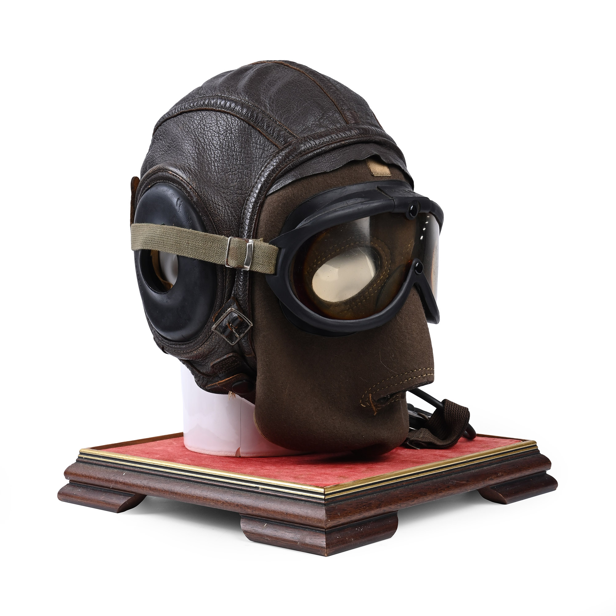 American Air Force WWII Sheepskin Helmet, Earphones, Goggles, Face Cover and Throat Mic in Display Case