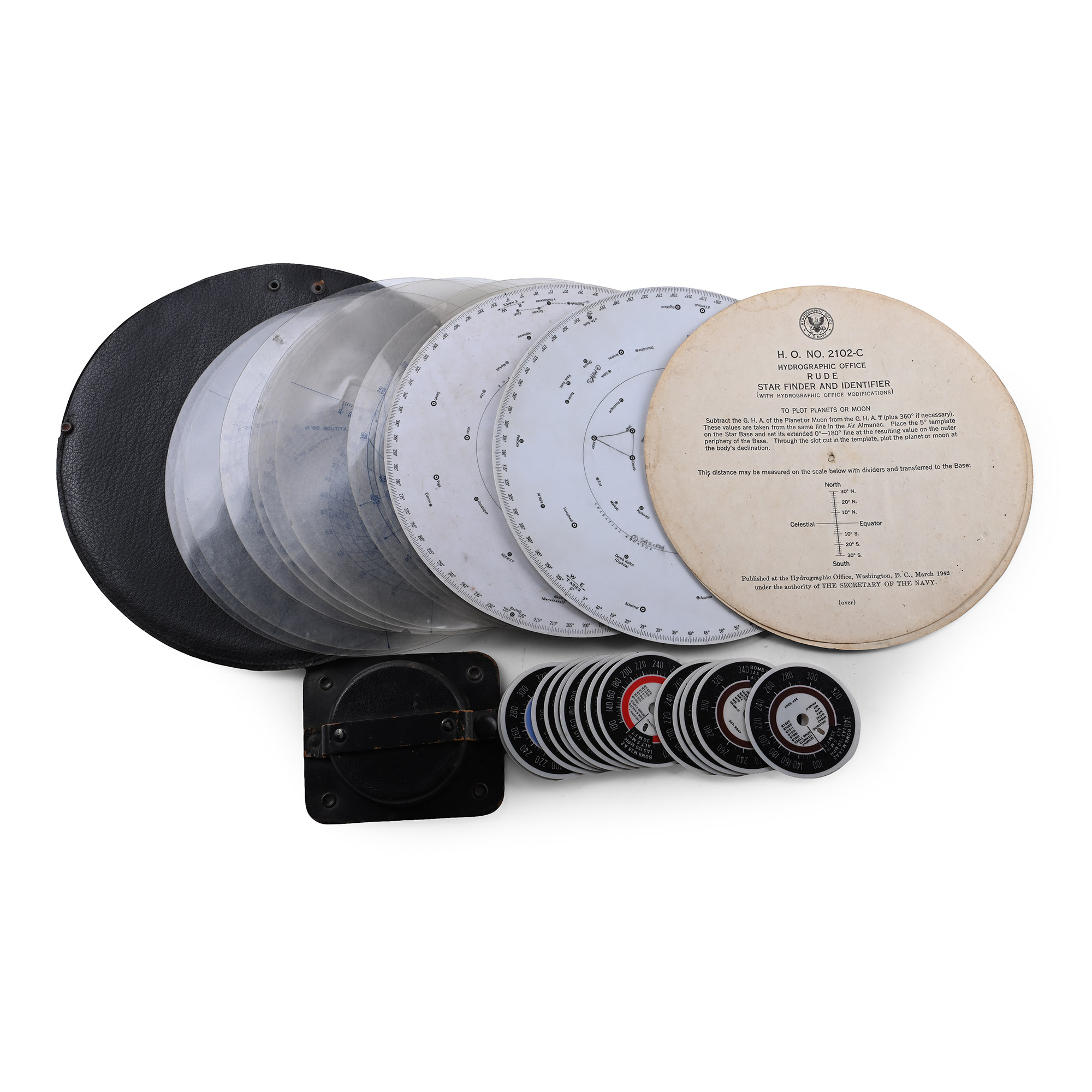 US Air Force WWII Bomber Aircraft Circular Chart and Ground Speed Disks in Original Leather Cases